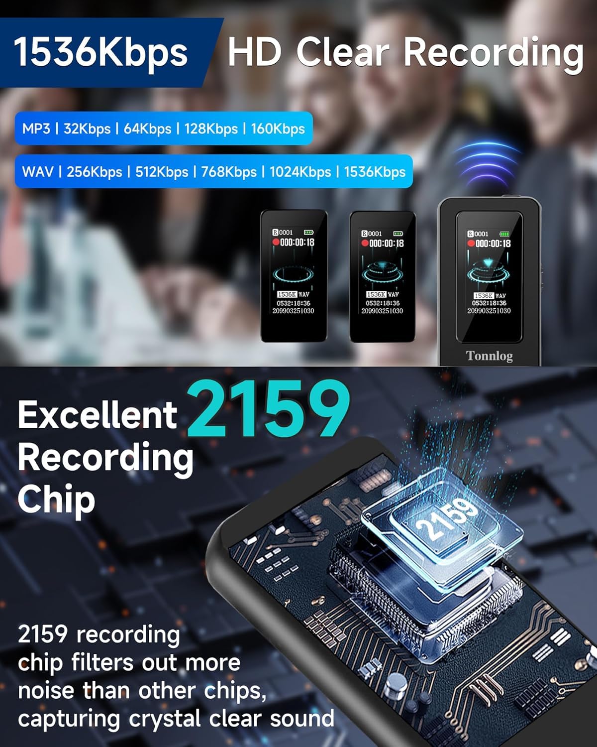 128GB Digital Voice Recorder, Tonnlog 1536Kbps Voice Activated Recorder with Playback, HD Noise Reduction for Lectures Interviews Meetings Classes