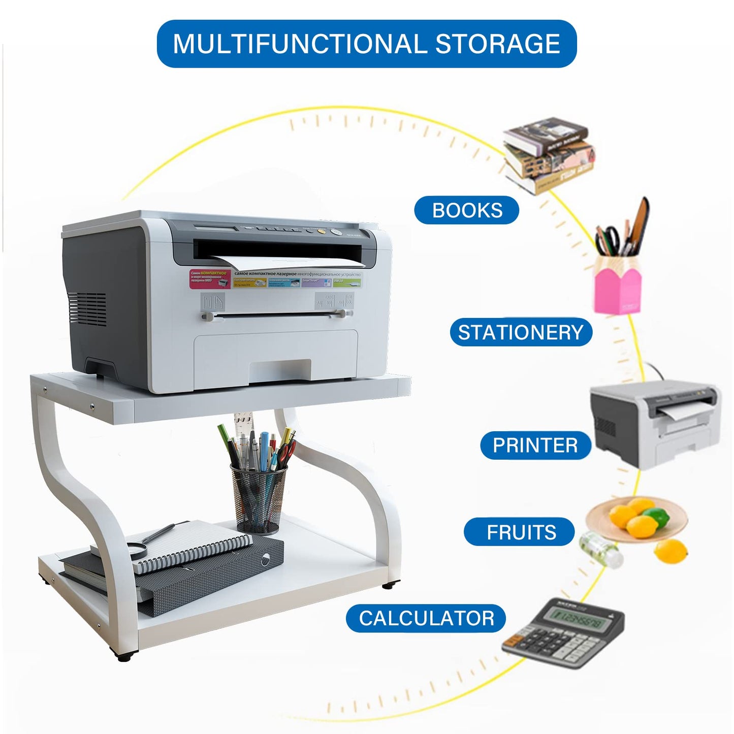 PUNCIA 2 Tiers Wood White Home Office Desktop Printer Stand Laser Printer Copier Stand with Storage Tabletop Heavy Duty Rack Desk Organizer Shelf Dual for Small Space Double Tiers Tray