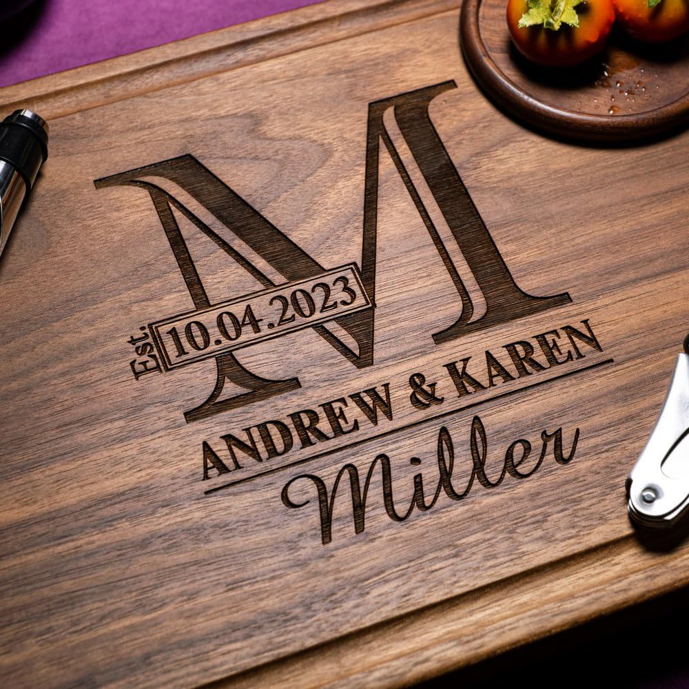 Straga Personalized Cutting Boards | Handmade Wood Engraved Charcuterie | Custom Wedding Gift, Housewarming Gift for Couples Monogram Designs 003