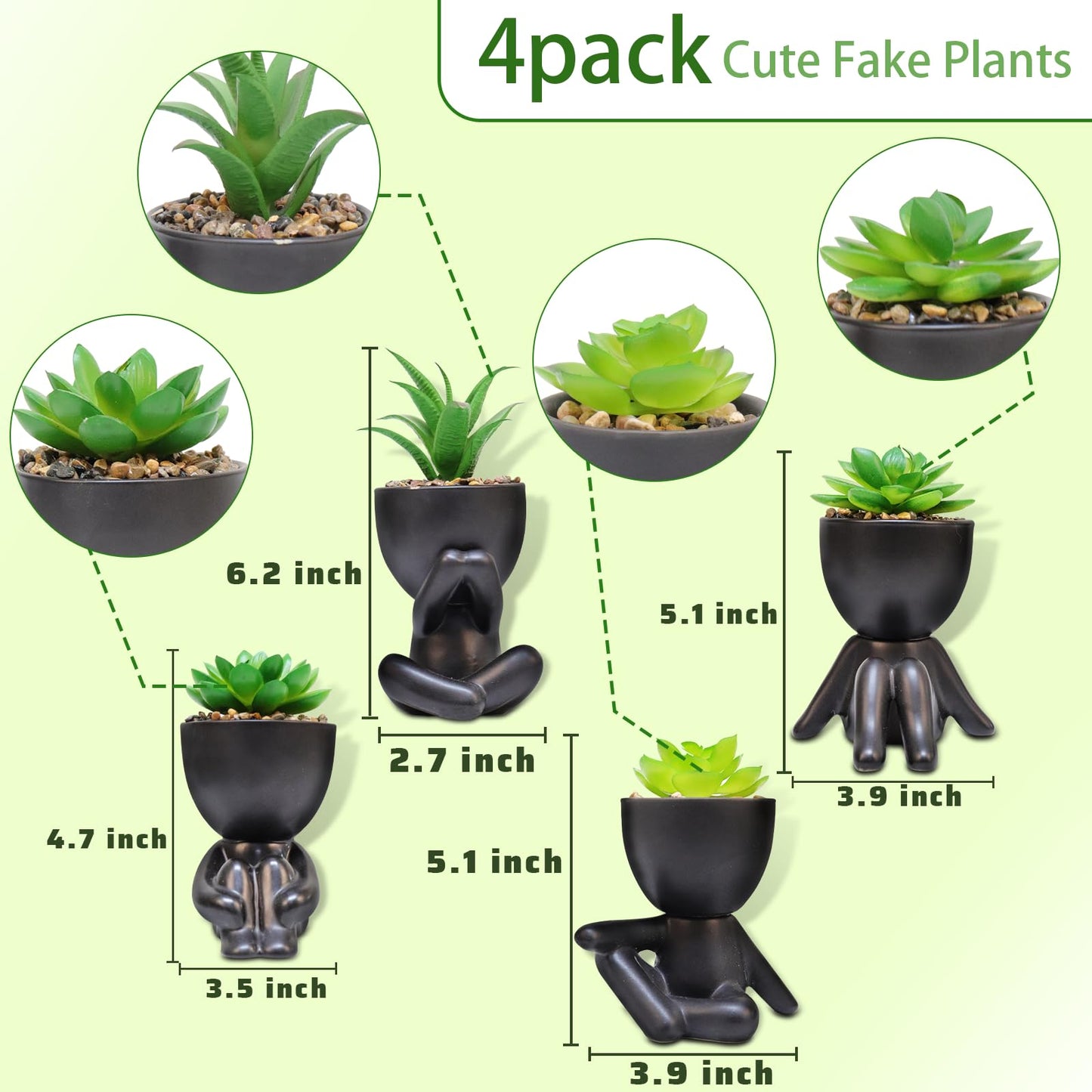 SEMSOIIO Pack of 4 Black Cute Fake Plants, Artificial Succulent Plants with Creative Human Shaped Pots,Mini Potted Desk Plants for Office Bathroom Shelf Cubicle Home Decor (Matte Black)