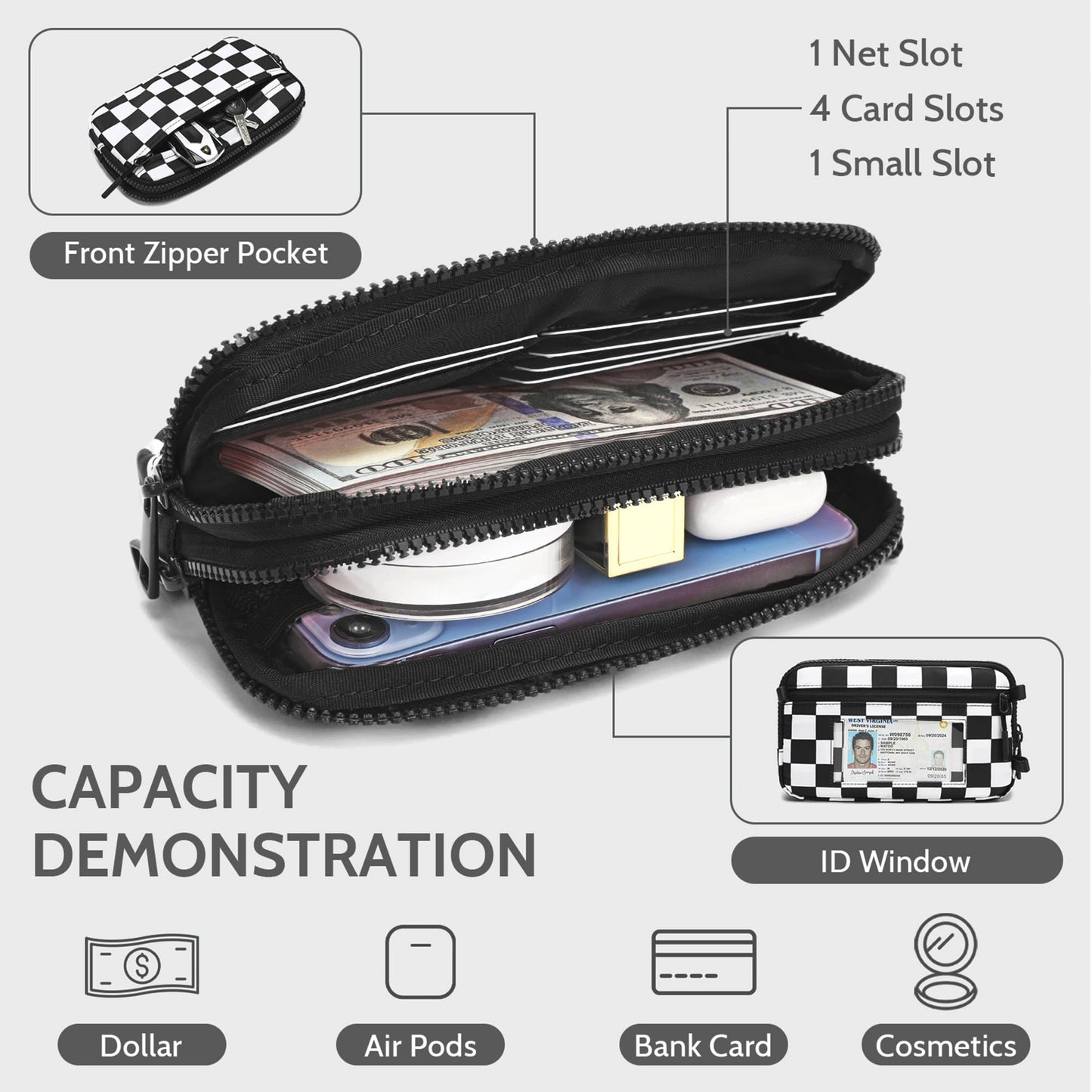 FODOKO Wristlet wallets for women Nylon Quilted Wallet with 4 Zippers,Travel Credit Card,Holder Cell Phone Organizer,coin purse (Black)