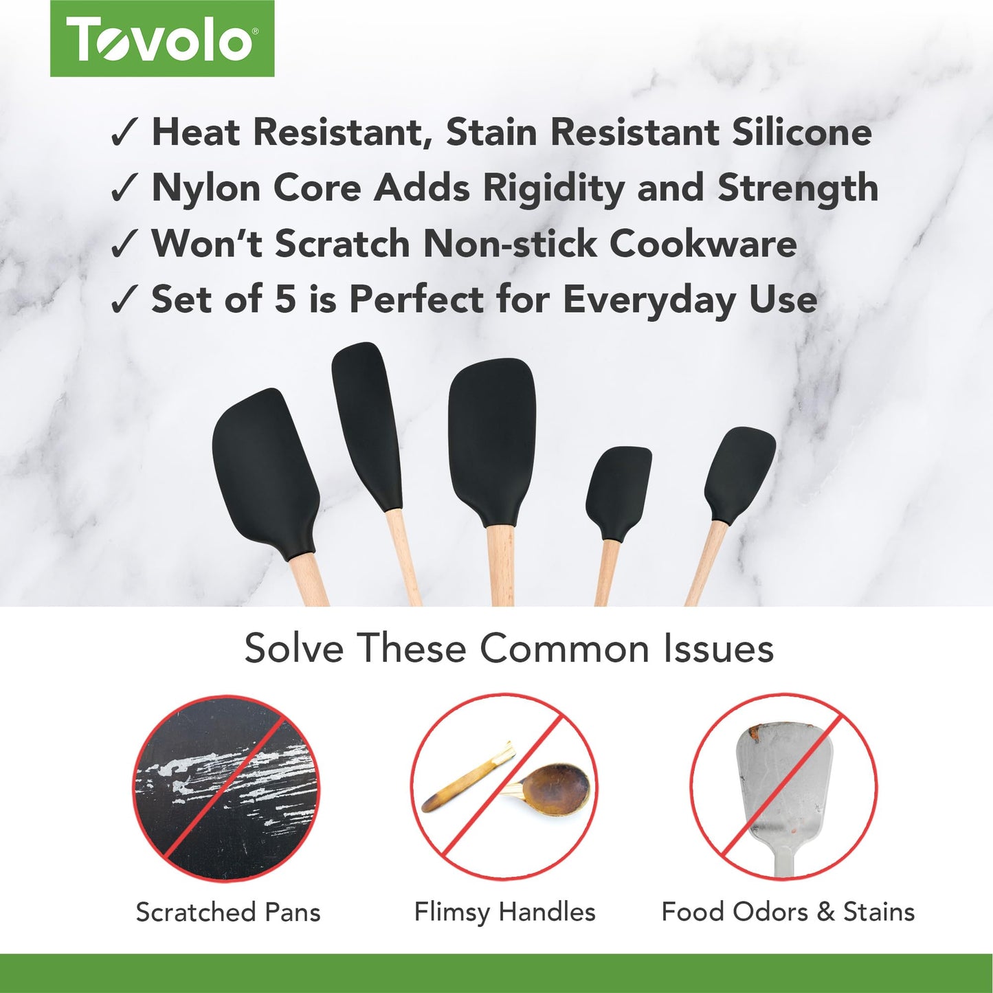 Tovolo 5-Piece Silicone and Wooden Handle Utensil Set (Black): Spatula, Spoonula, Jar Scraper, Mini Spatula, and Mini Spoonula