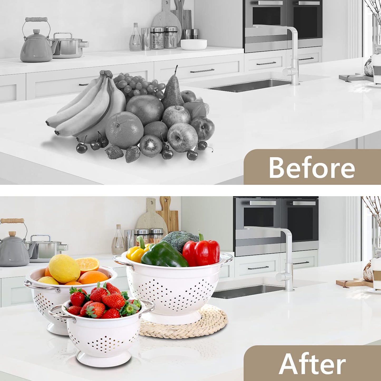 Hillbond Colander Set of 3, 1.5, 3, 5 QT Powder Coated Metal Strainers with Riveted Stainless Steel Handles and Stable Base, Food Strainers and Colanders for Kitchen, White