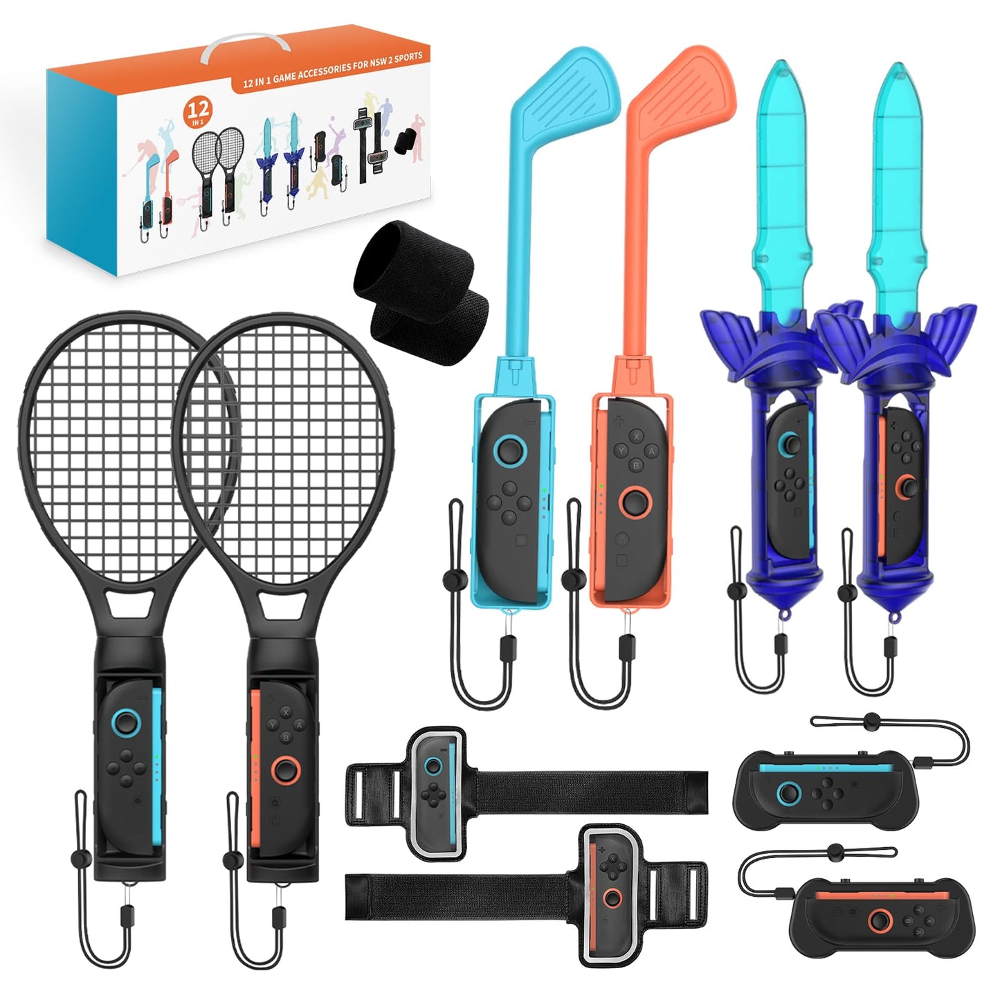 Uxilep Switch Sports Games Accessories Bundle for Nintendo Switch / Switch OLED,10 in 1 Family Party Pack for Switch Accessories Kit with Tennis Rackets,Golf Clubs,Leg Straps & Joycon Grips (For Switch / Switch OLED)