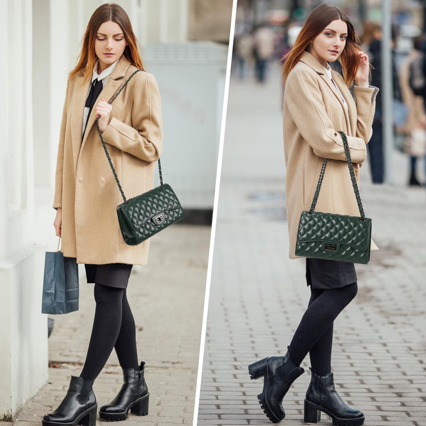 DIUY Quilted Leather Crossbody Bags for Women Trendy Ladies Shoulder Purse Satchel HandBag with Chain Strap, Green