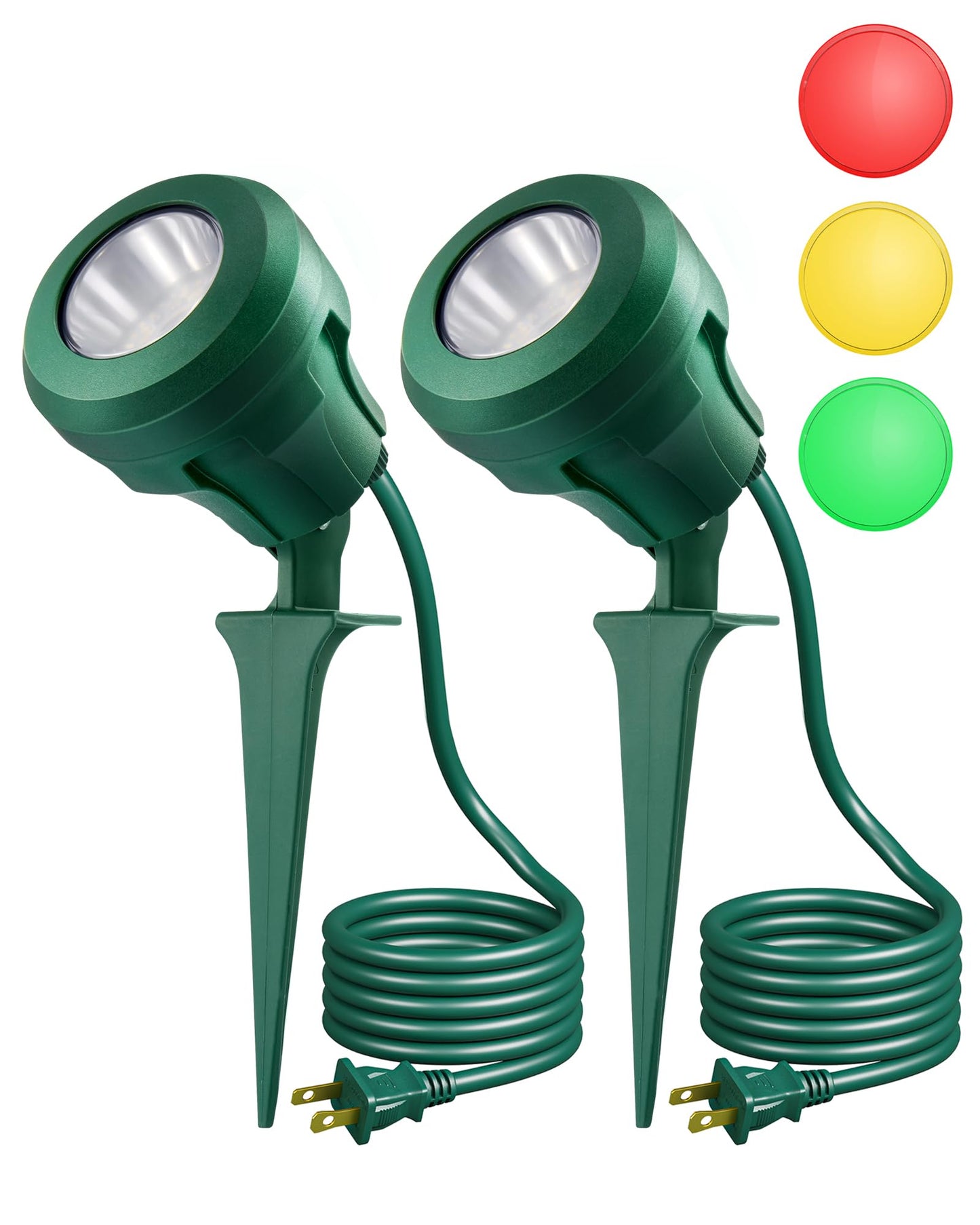 EDISHINE LED Outdoor Spotlights, 120V 4.8W Plug in Spot Light with 3 Lenses (Red Green Yellow), 180° Rotatable, 5000K, Waterproof Landscape Lighting for Flag Tree Garden, 2 Pack