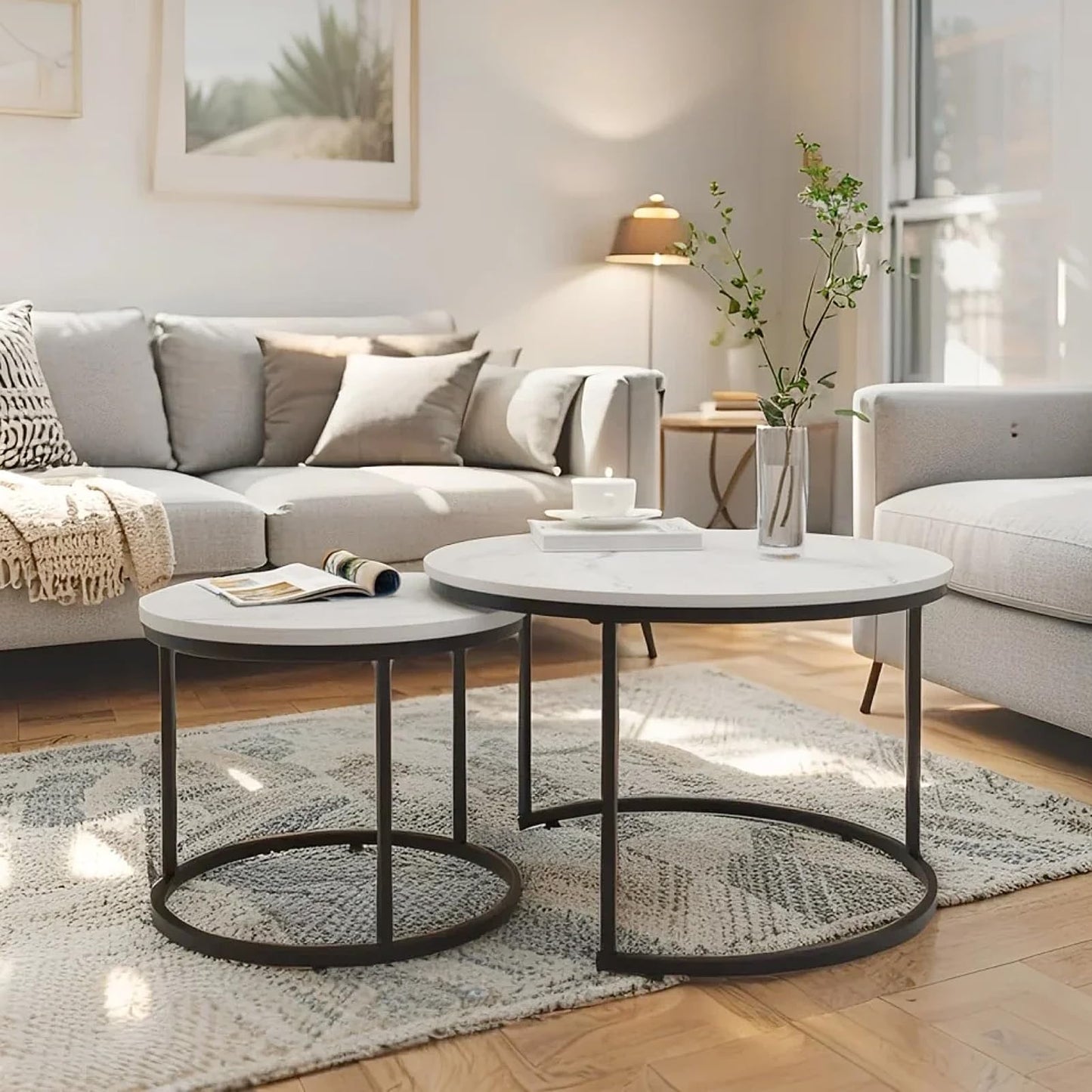 Nesting Coffee Table Set of 2 Marble Pattern with Sturdy Metal Frame Round Side Tables for Living Room and Bedroom (White)