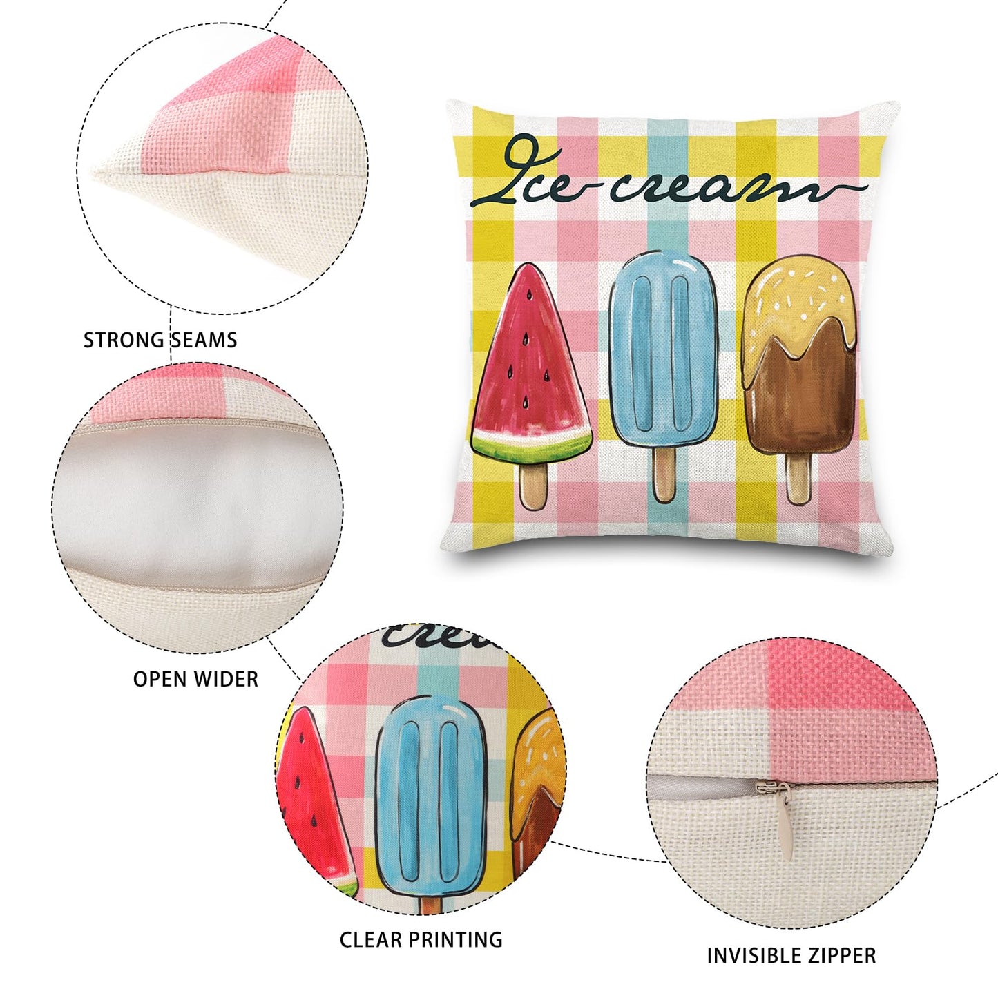 Vellibring Summer Pillow Covers 18x18 Happy Summer Throw Pillow Covers Hello Sunshine Ice Cream Pillow Covers for Farmhouse Decoration Indoor Outdoor Home Decor