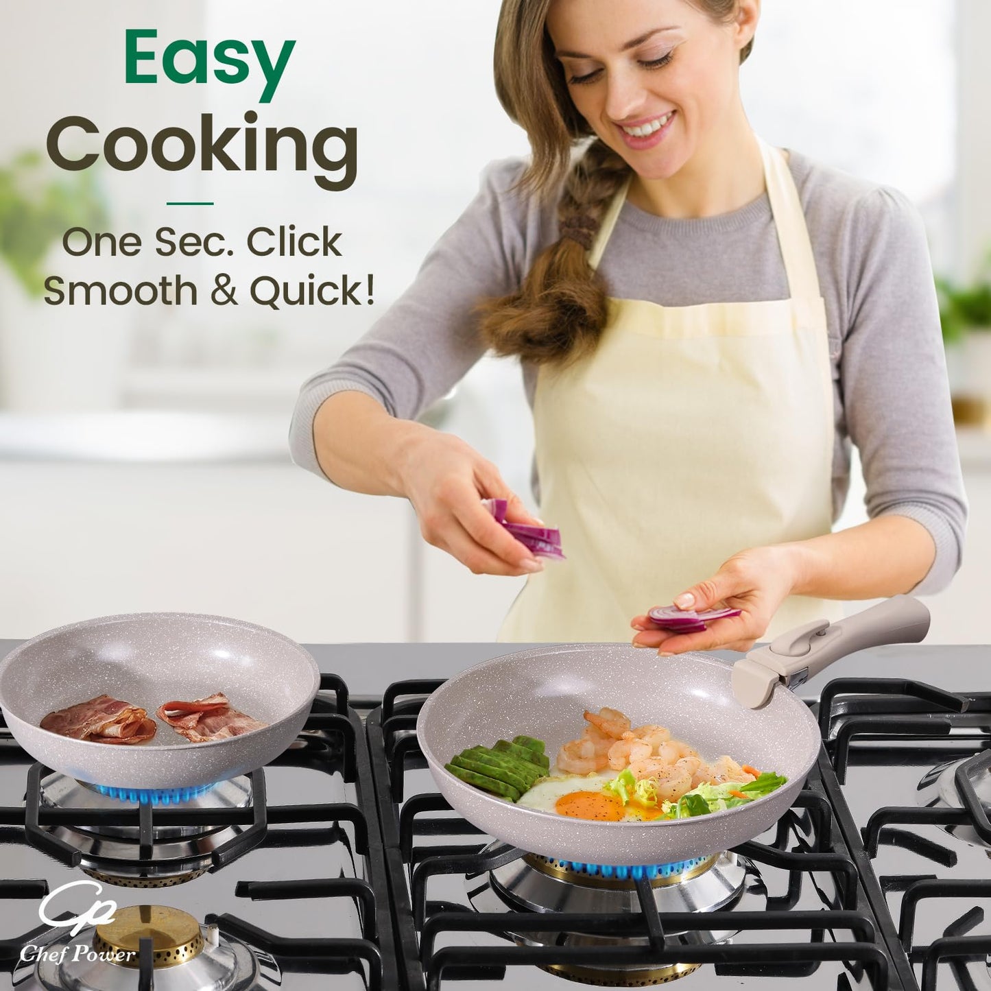 Chef Power Ceramic Nonstick Pots and Pans Set 19 Piece with Detachable Handle, Induction Dishwasher Oven Safe Cookware Set, RV Kitchen Set Removable Handle, Mocca Taupe