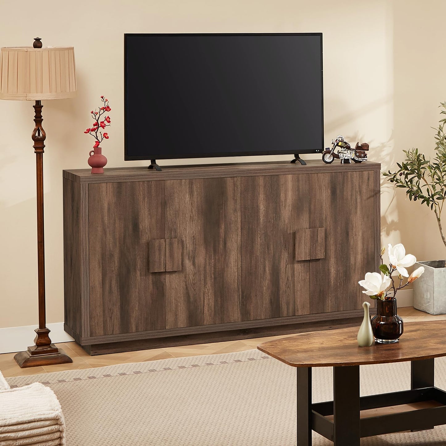 Lefurture 63 Inch Long Buffet Cabinet with Storage, Farmhouse Woodgrain Sideboard Modern Credenza with Doors & Shelves, Mid Century Coffee Bar Wine Bar Storage Cabinet for Living Room, Hallway