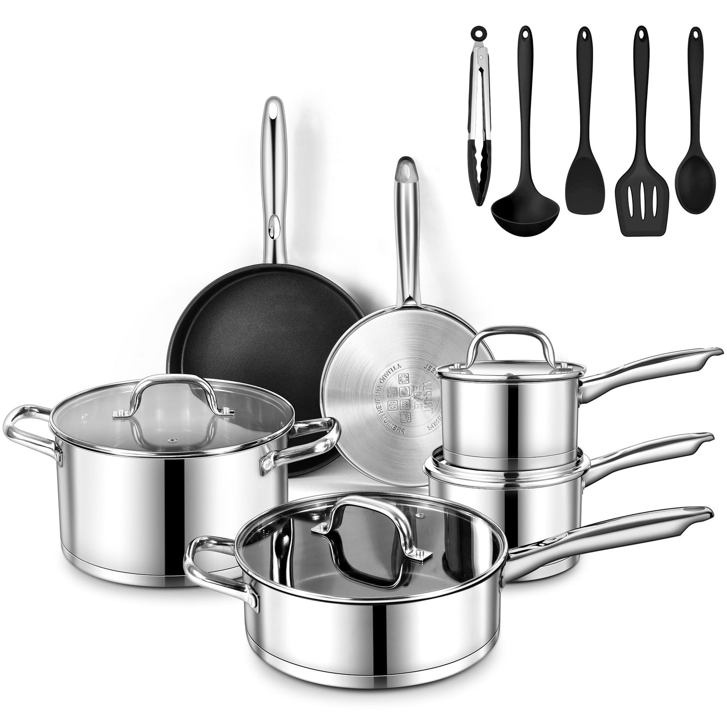 LIANYU 15Pcs Stainless Steel Cookware Set, Pots and Pans Kitchen Cooking Set with Utensils, Included Frying Saute Pans, Saucepans and Stock Pot, Works with All Stoves, Dishwasher & Oven Safe