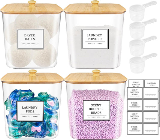 3+1 Pack Laundry Pods Container,Clear Laundry Room Organization Containers,Large Laundry Detergent Powder Storage Containers with Wooden Lids & Labels,Laundry Pods Holder for Scent Booster,Powder,Pods