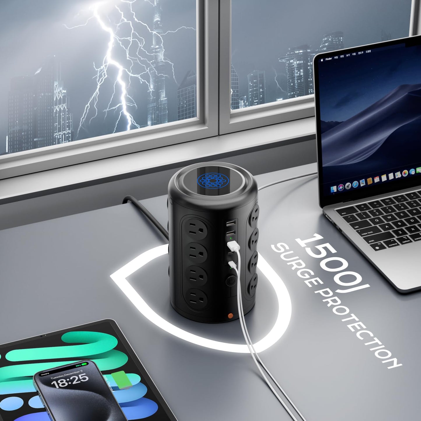 Heavy Duty Power Strip Tower with 16 Outlets and 5 USB Ports (2 USB-C), TenTrend 1500J Surge Protector with Multiple Outlets, 6 FT Extention Cord for Home Office Desk, Dorm Room Essentials Black