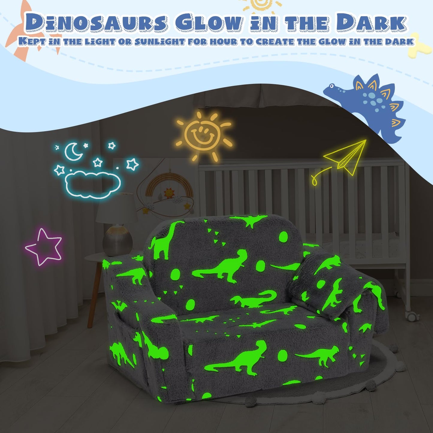 BUPPLEE Kids Sofa, 2-in-1 Soft Toddler Couch Fold Out, Toddler Chair Comfy with Cute Designs, Convertible Sofa to Lounger for Girls and Boys, Gray