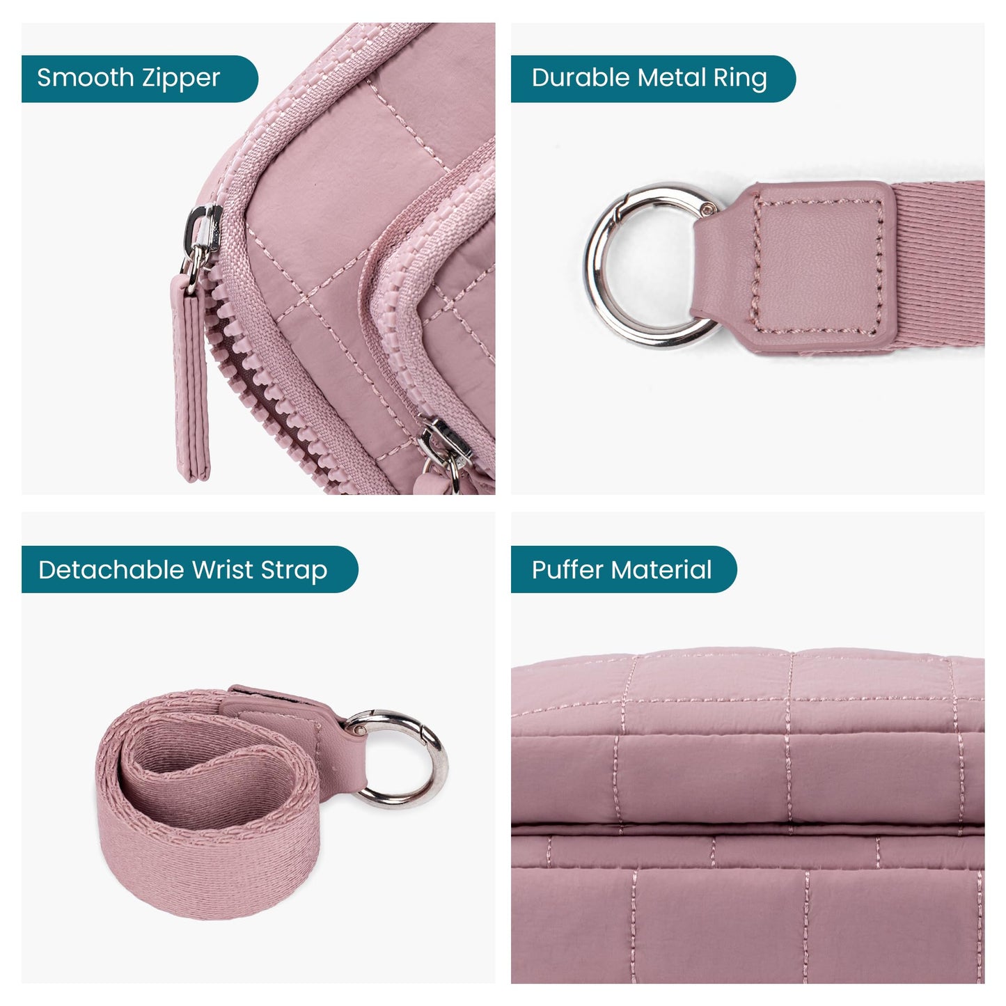 VONAL Wristlet Wallets for Women, Quilted Nylon Wallet Purse with 3 Zipper, Credit Card Holder with RFID Blocking Cell Phone Organizer, Puffer Womens Wristlet, Pink