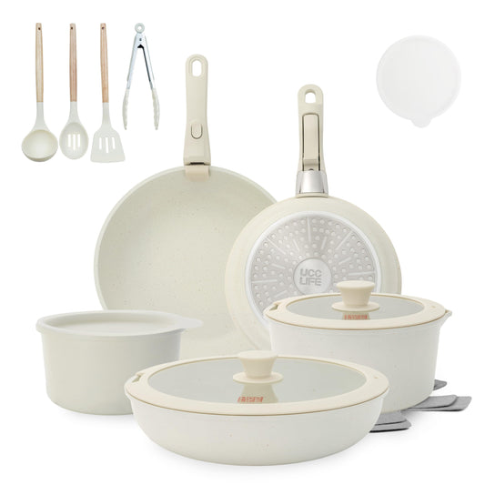 UCClife 17-Piece Nonstick Cookware Set, Family Kitchen Pots & Pans with Removable Handles, Oven & Dishwasher Safe, PFAS-Free for Everyday Cooking