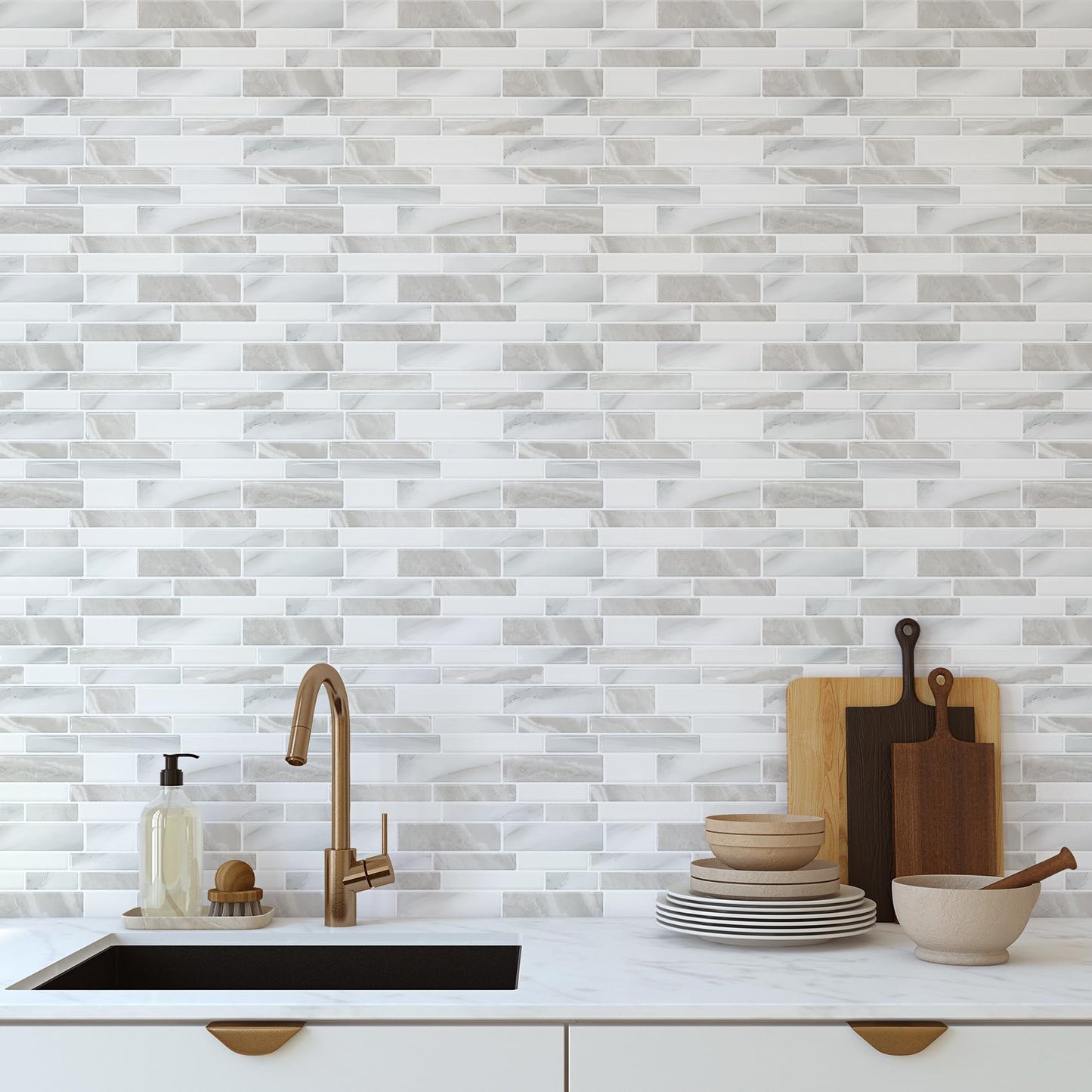 STICKGOO Thicker Design Peel and Stick Tile Backsplash, 12”×12” Stick on Backsplash for Kitchen, Self Adhesive Tile Stickers for Kitchen Backsplash and Bathroom(10 Sheets, Glossy Beige Gray)