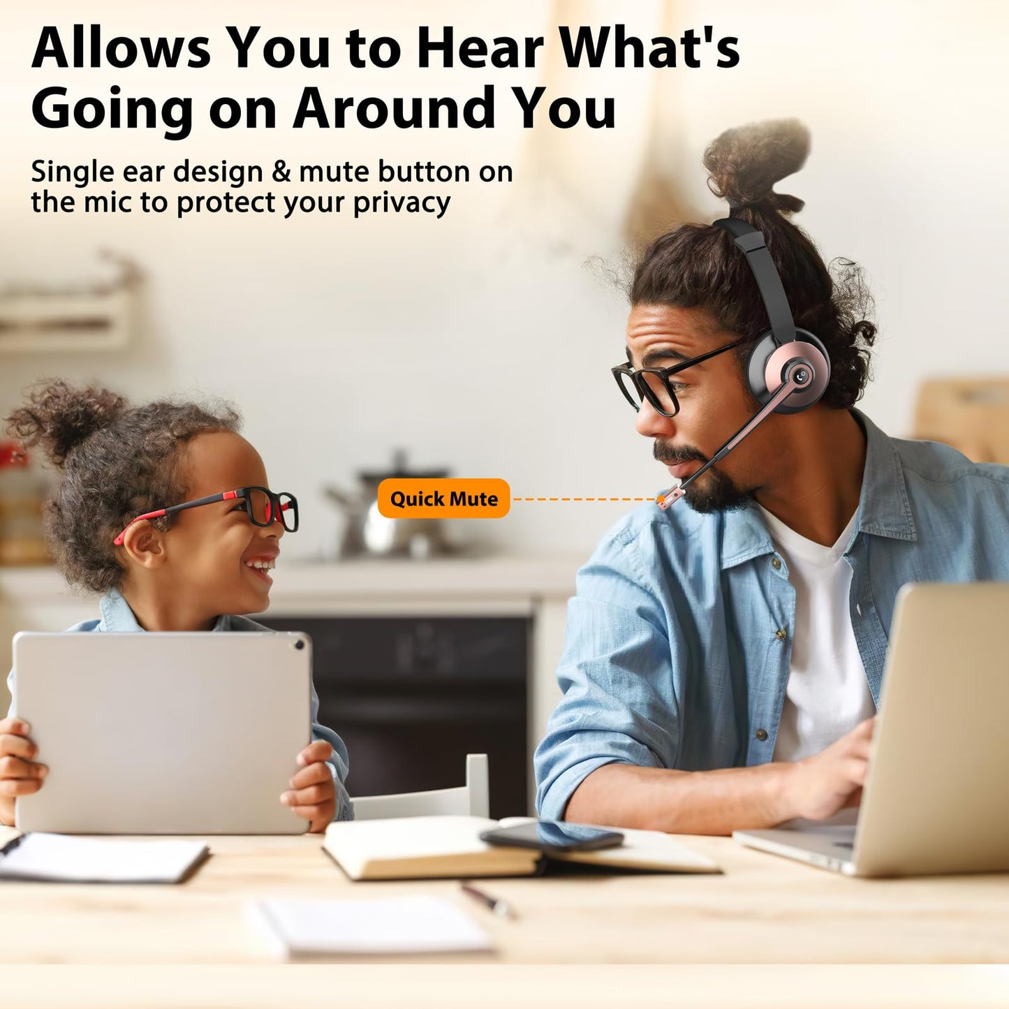 Wireless Headset with Mic for Work, Bluetooth Headset with Microphone Noise Cancelling & Mic Mute, Wireless Headphones with USB Dongle & Charging Base for Work/ Home/Computer/Call Center/Office/Zoom