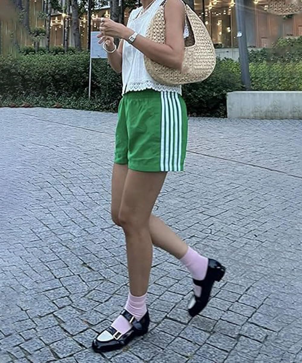 ABINGOO Women Athletic Sweat Shorts Side-Striped Y2k Summer Elastic Waist Workout Loose Wide Leg Lounge Shorts with Pockets(Green,M)