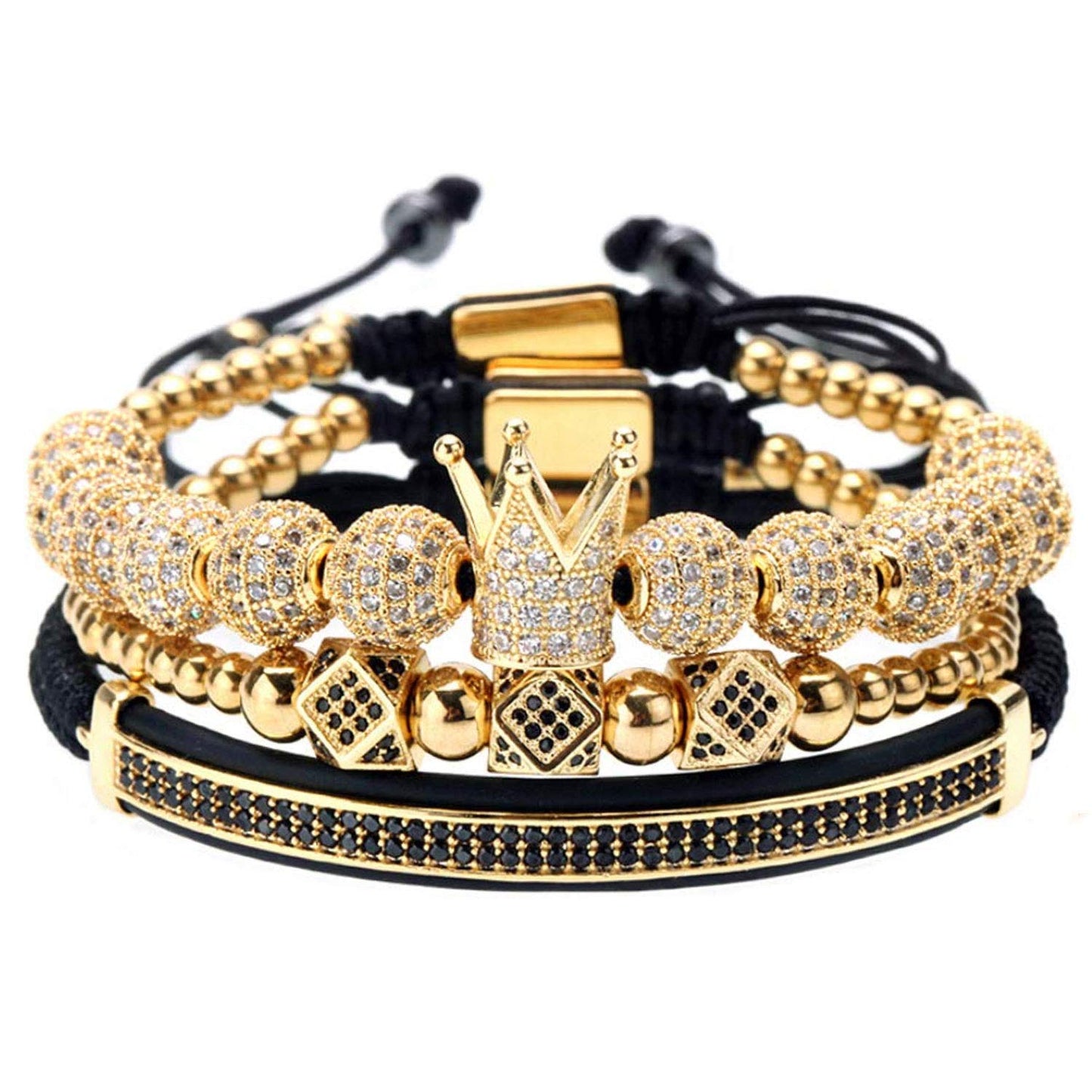 GVUSMIL Luxury CZ Imperial Gold Crown Bracelets Set King Royal Style with 8mm Zirconia Beads Braided Pulseira Bangle Charm Jewelry for Men