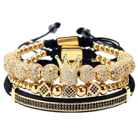 GVUSMIL Luxury CZ Imperial Gold Crown Bracelets Set King Royal Style with 8mm Zirconia Beads Braided Pulseira Bangle Charm Jewelry for Men