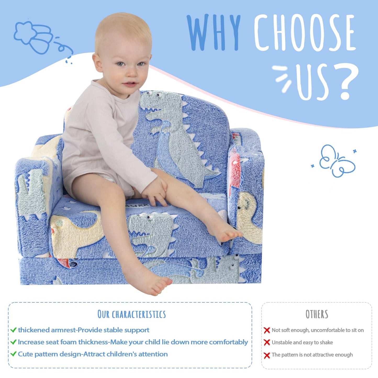 Thick Comfy Toddler Chair and Couch for Kids,2-in-1 Soft Plush Fold Out Sofa for Children,Convertible Couch to Lounger for Toddler