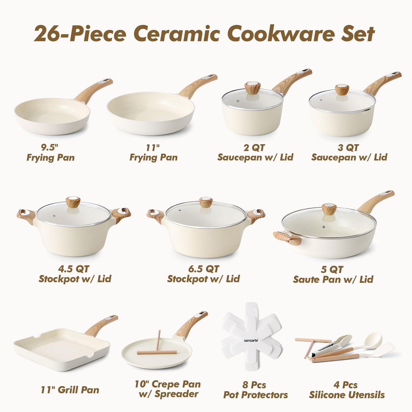 SENSARTE Ceramic Cookware Sets, Pots and Pans Set Non stick, Non toxic Healthy Induction Cookware, 26 Pcs Nonstick Kitchen Cooking Set, w/Frying Pans Set, Saucepans Set