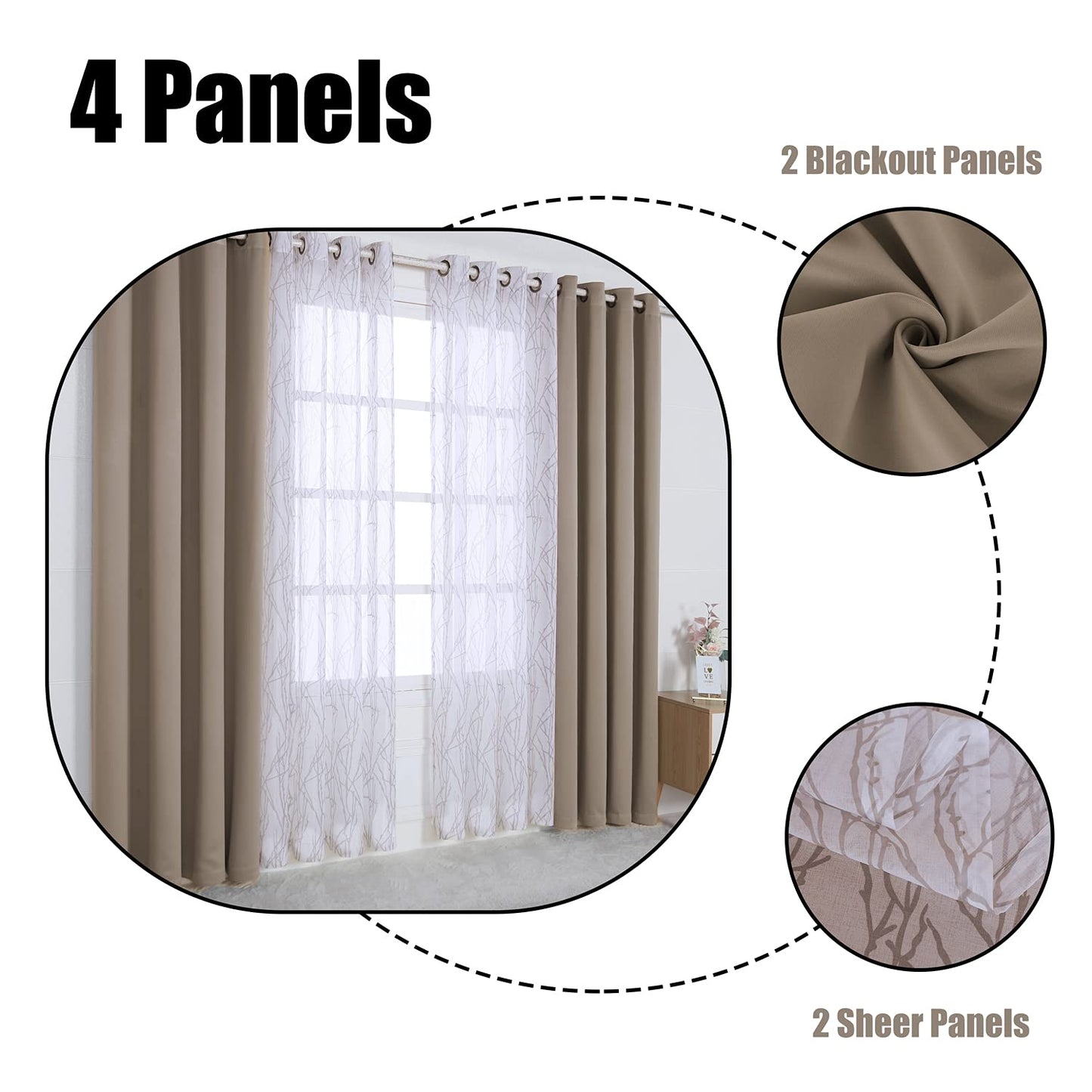 BONZER Mix and Match Curtains - 2 Pieces Branch Print Sheer Curtains and 2 Pieces Blackout Curtains for Bedroom Living Room Grommet Window Drapes, 54x84 Inch/Panel, Taupe, Set of 4 Panels