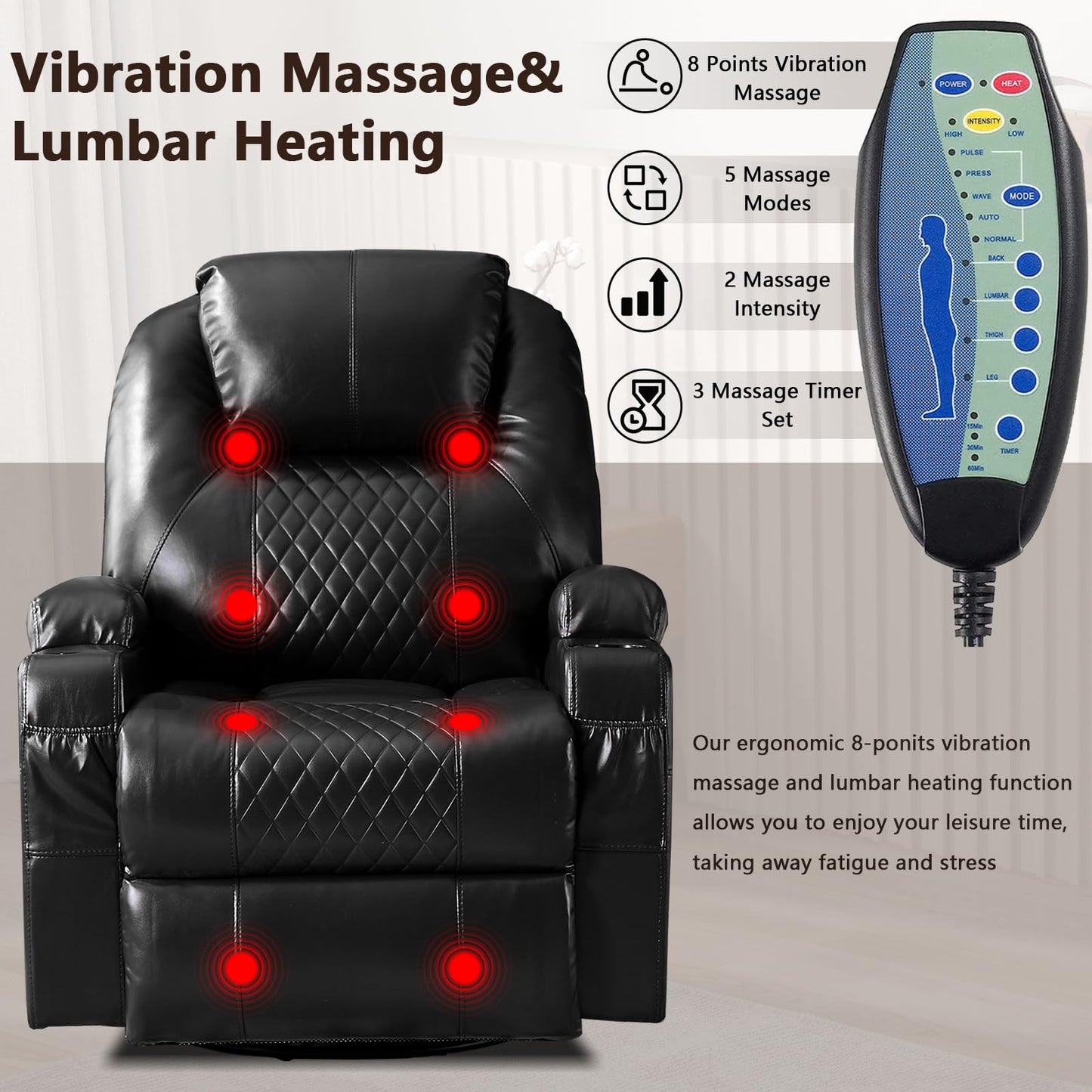 AHMED Power Swivel Rocker Recliner Chair with Massage and Heat, Faux Leather Home Theater Seating with LED Ambient Lighting, Glider Reclining Sofa with Cup Holders for Living Room,Black