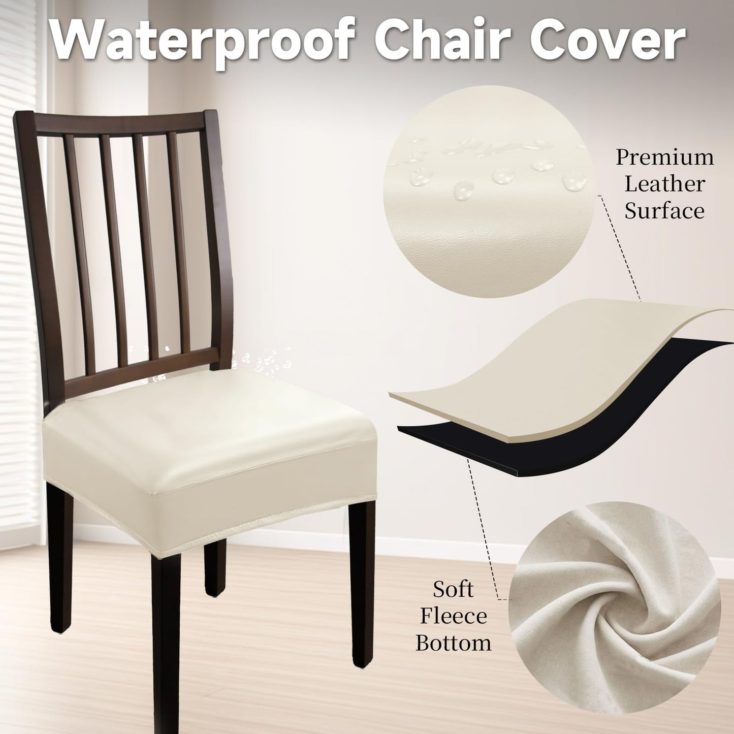 Lufyzora Leather Seat Covers Dining Chairs Waterproof Kitchen Chair Seat Covers Set of 2, Wipeable 4-Sided Super Elastic PU Chair Covers Dining Chairs for Dining Room and Dust Resistant(Cream, 2PCS)