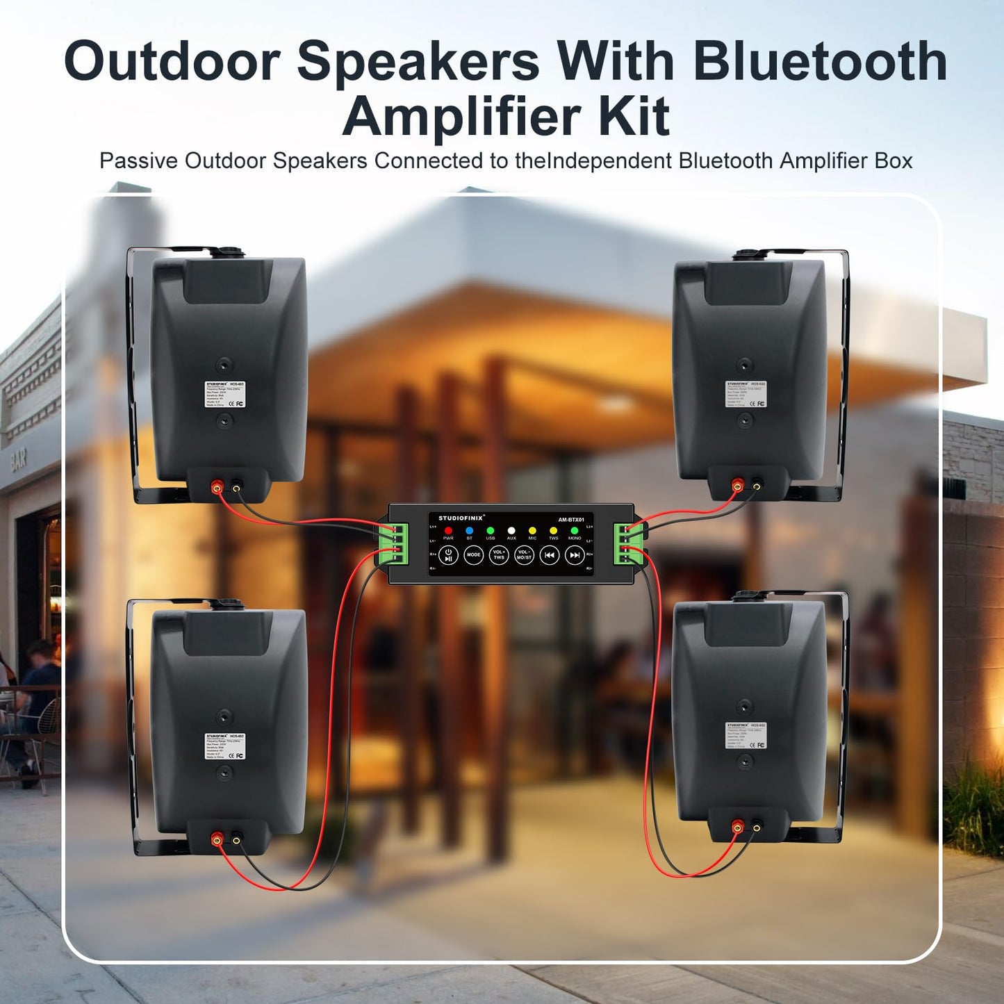 STUDIOFINIX 6.5 Inch Max 800W Outdoor Bluetooth Speakers Waterproof Wired with Multifunctional Amplifier Wall Mount Outdoor Speaker System for Patio Garden Poolside Home(4 Speakers,Black)