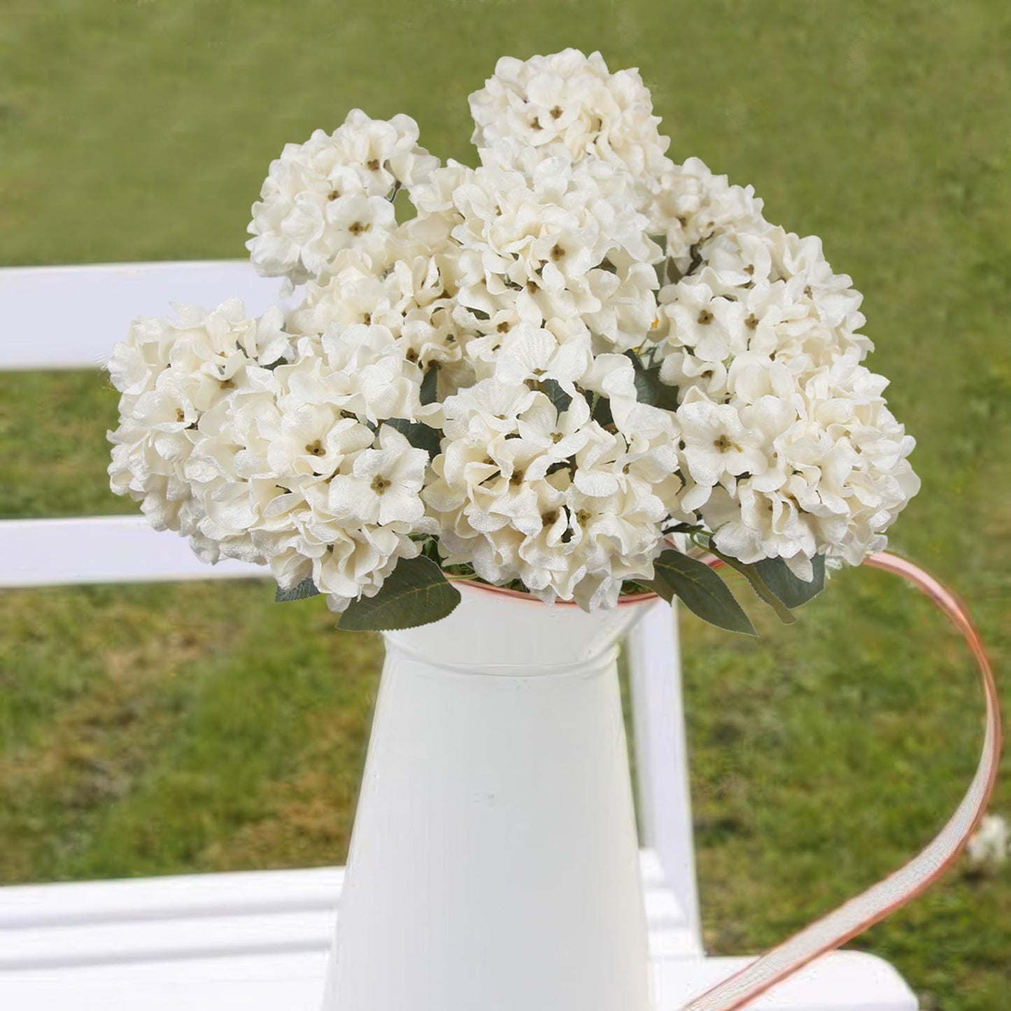 FAICOIA 2 Pcs Hydrangea Artificial Flowers White Faux Hydrangeas Flower Outdoor Artificial Flowers Bouquets Silk Hydrangea Flowers Stems for Home Decor Party Floral Arrangements Wedding Centerpieces