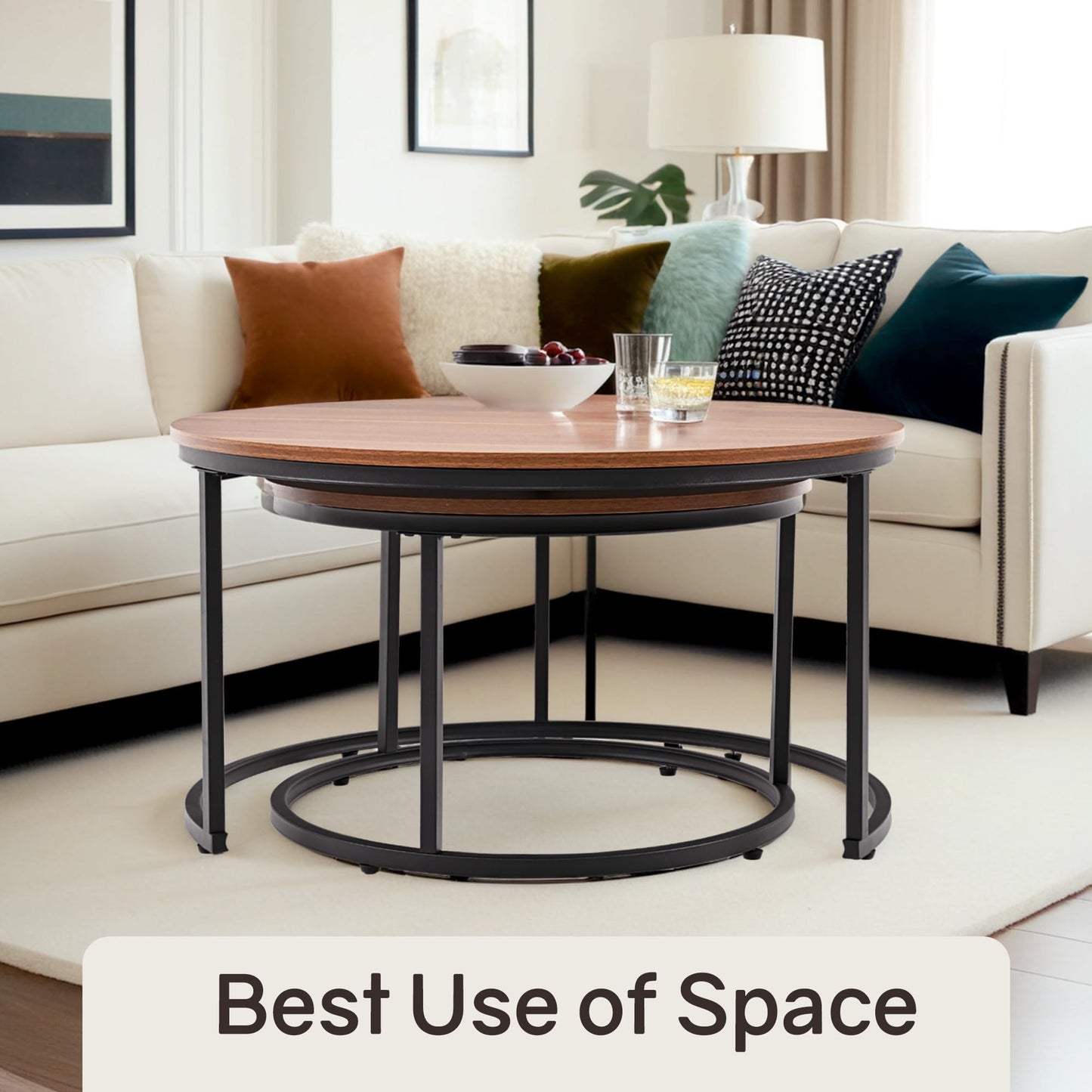 Otterease Nesting Tables Set of 2, 31.5" Round Coffee Table, Small Nesting Coffee Table with Adjustable Non-Slip Fee, Wood Grain Top Nesting Tables for Living Room, Bedroom (Wood Grain Brown)