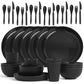 36 pcs Wheat Straw Dinnerware Sets, Unbreakable Reusable Dinnerware Set Kitchen Cups Plates and Bowls Sets, Dishwasher Microwave Safe Plates,Outdoor Camping Dishes (Black)