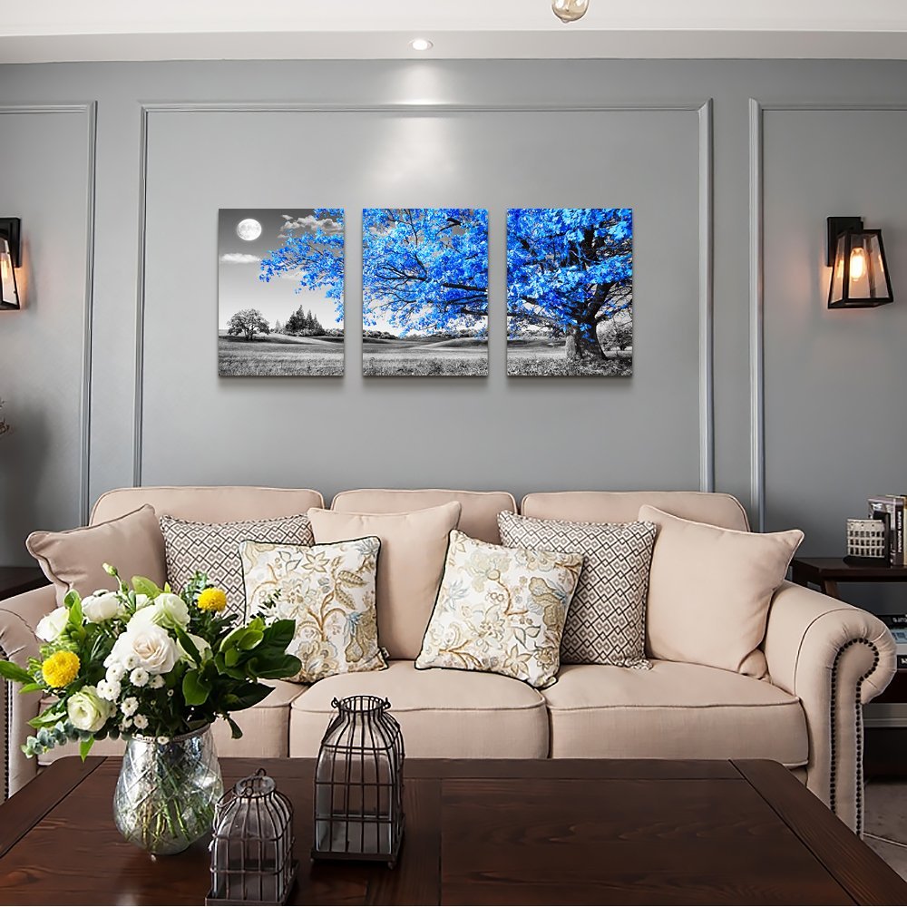 Wall Art For Living Room black and white Blue tree moon Canvas Wall Decor for Home artwork huge Painting 16" x 24" 3 Pieces Canvas Print For bedroom Decor Modern Salon kitchen office Hang a picture