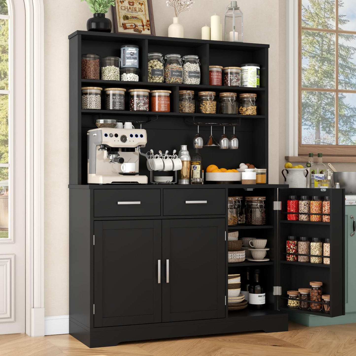 Kitchen Pantry Storage Cabinet with 2 Drawers, Tall Kitchen Hutch Cabinet with Microwave Shelf, Modern Buffet Cabinets with Goblet Holders, Food Pantry with Adjustable Shelves for Dining Room, Black