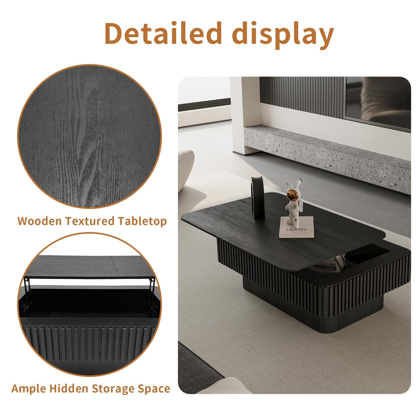 LKTART 38.6''Black Fluted Lift Top Coffee Table Modern Handcraft Drum Wooden Solid Wood Veneer Tea Table for Living Room Apartment(Hidden Storage)