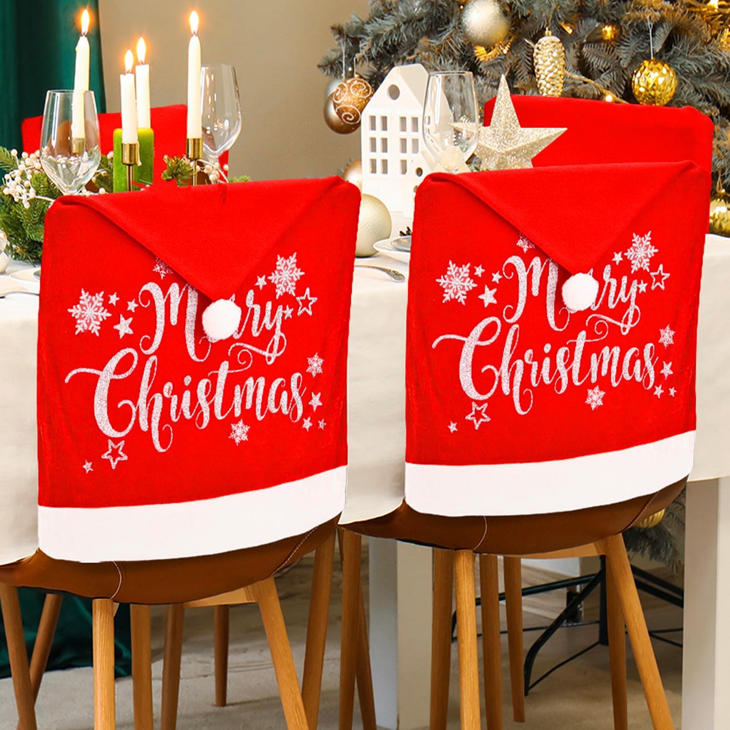 CreiYuan Christmas Chair Covers Set of 4 Santa Hat, Silver Glitter Print, High Resilience Pompon on Top, Size 25"x20", Christmas Decorations Indoor for Dining Room, Christmas Party Decorations
