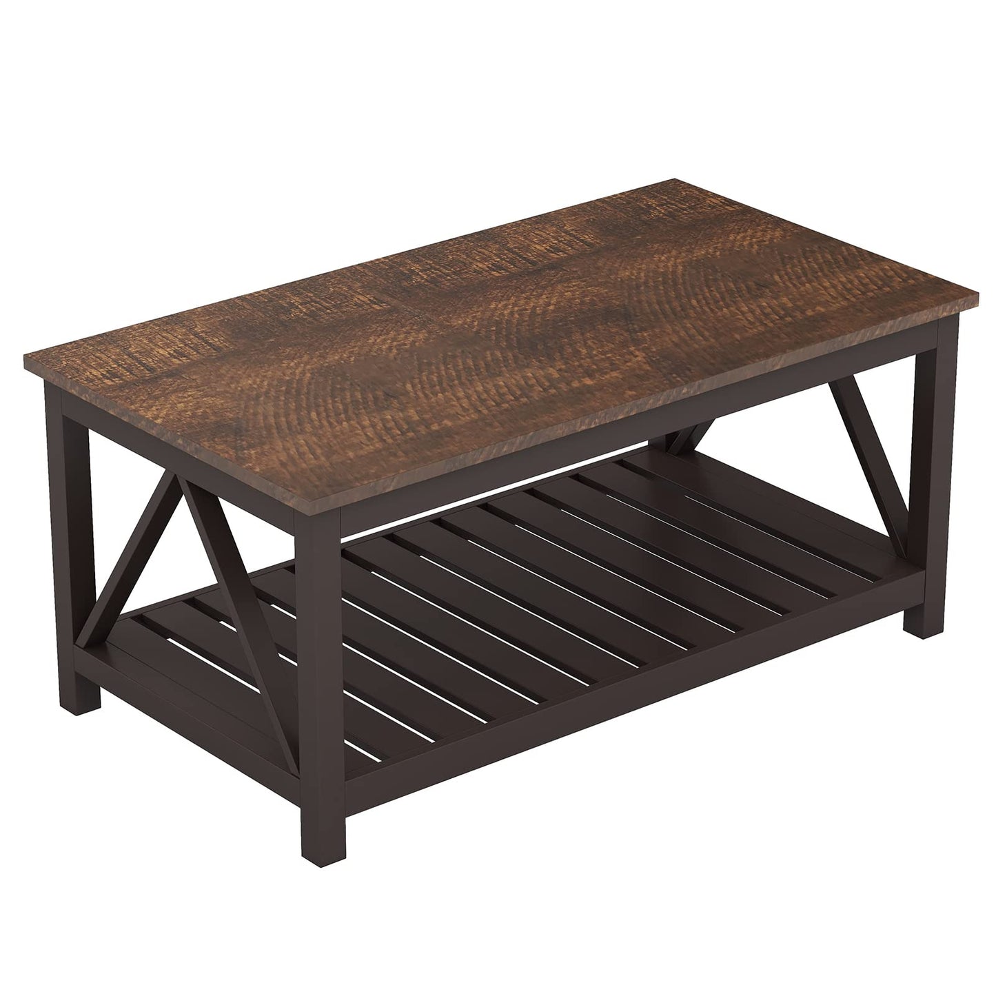 ChooChoo Farmhouse Coffee Table, Rustic Vintage Living Room Table with Shelf, 40 Espresso