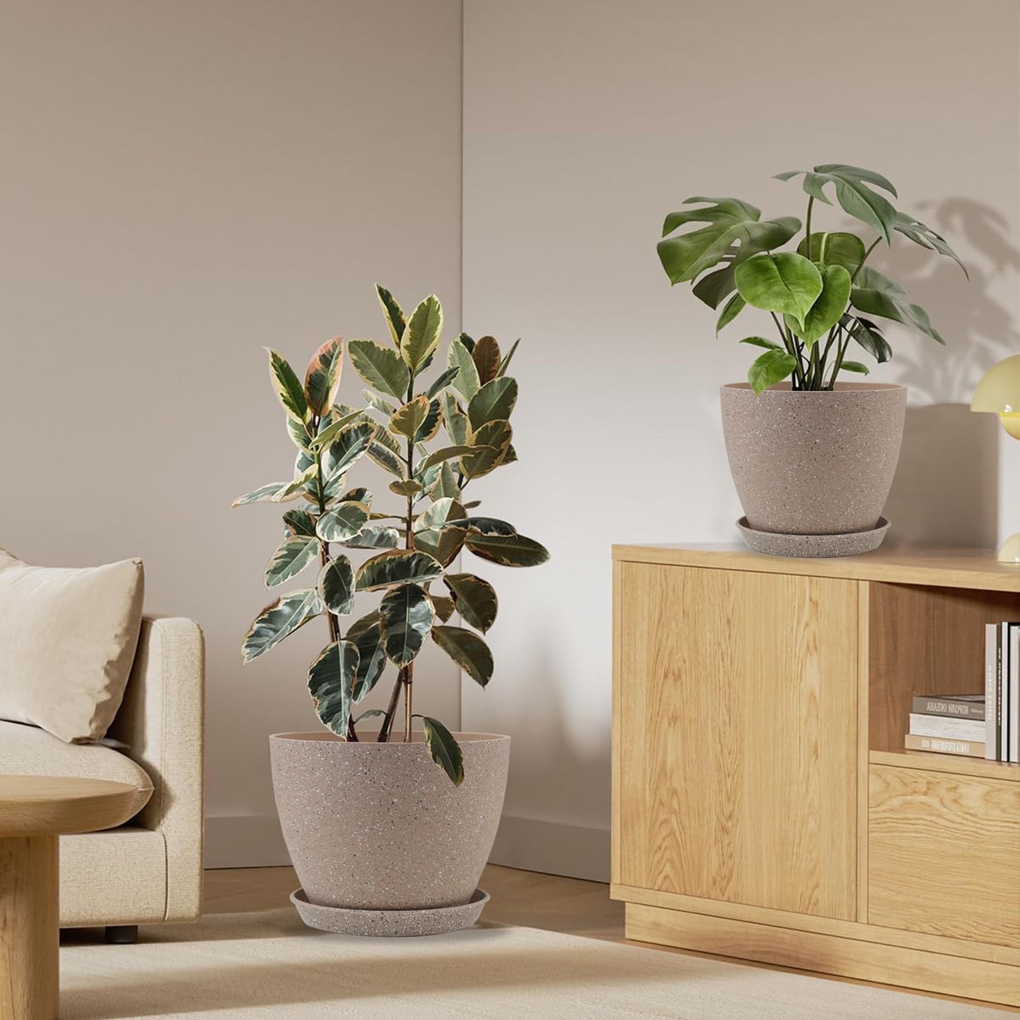 KPUVX Plant Pots- 8.5/7.5/6.5/6 Inches 4 Pack Plastic Planters,Indoor Decor Flower Pots with Drainage Holes and Tray,Home Decor Flower pots for Indoor Plants Cactus, Succulents