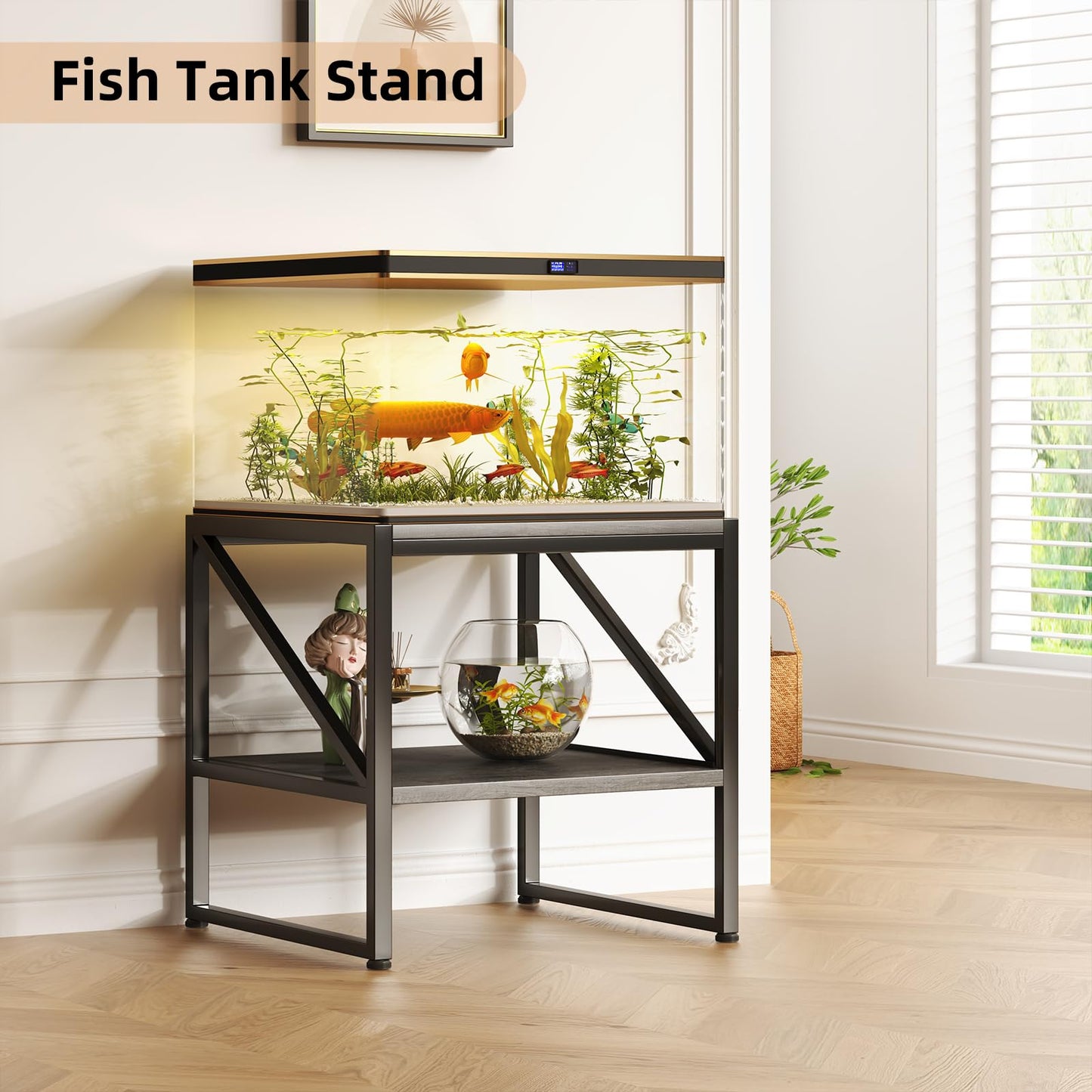 Mexin 20 Inch Square End Table, Mini Fridge Stand with 2-Tier Storage Shelf, High Load Capacity Side Table for Living Room Bedroom, Grey Oak