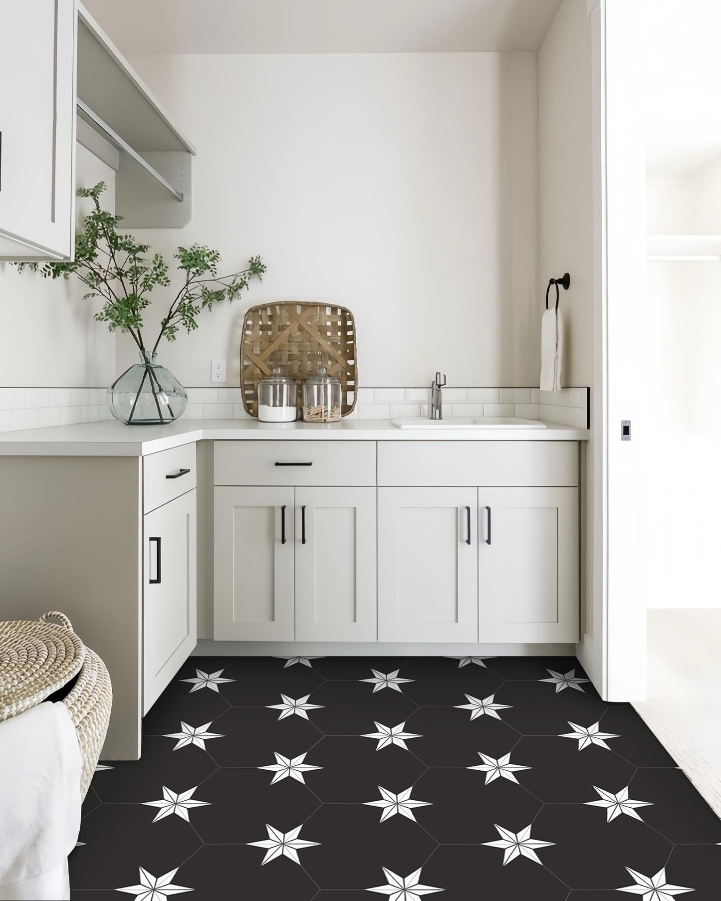 MORCART 20 Pcs Hexagon Peel and Stick Floor Tile: Waterproof Vinyl Flooring, Covers 12.6 Sq Ft, DIY Removable Flooring for Bathroom, Kitchen, Bedrooms, Pet House(Star Black)