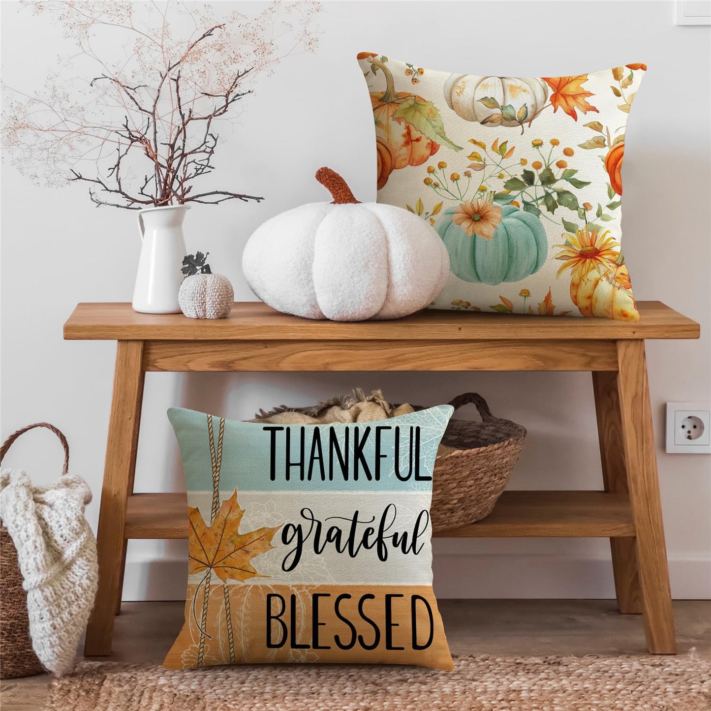 NIGHTWISH Fall Pillow Covers 18x18 Set of 4 Thanksgiving Farmhouse Decorations Floral Pumpkin Outdoor Fall Decor Throw Pillow Covers Home Sweet Home Harvest Autumn Cushion Case for Sofa Couch