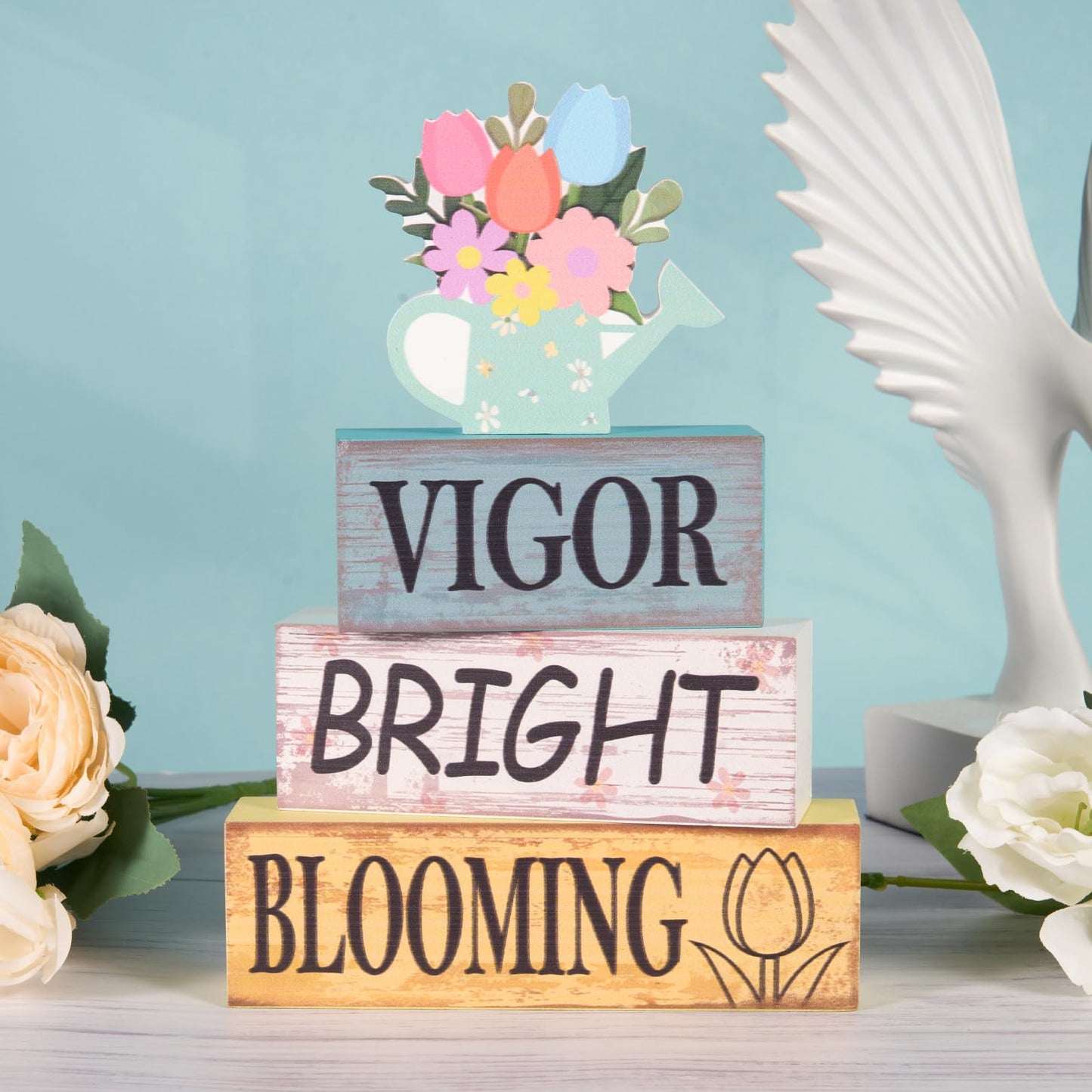 Summer Tiered Tray Decor Wooden Flower Kettle Block Signs Spring Wood Flower Block Summer Tiered Tray Decorations Vigor Bright Blooming Centerpiece Decorations for Kitchen Home Shelf Office Decor