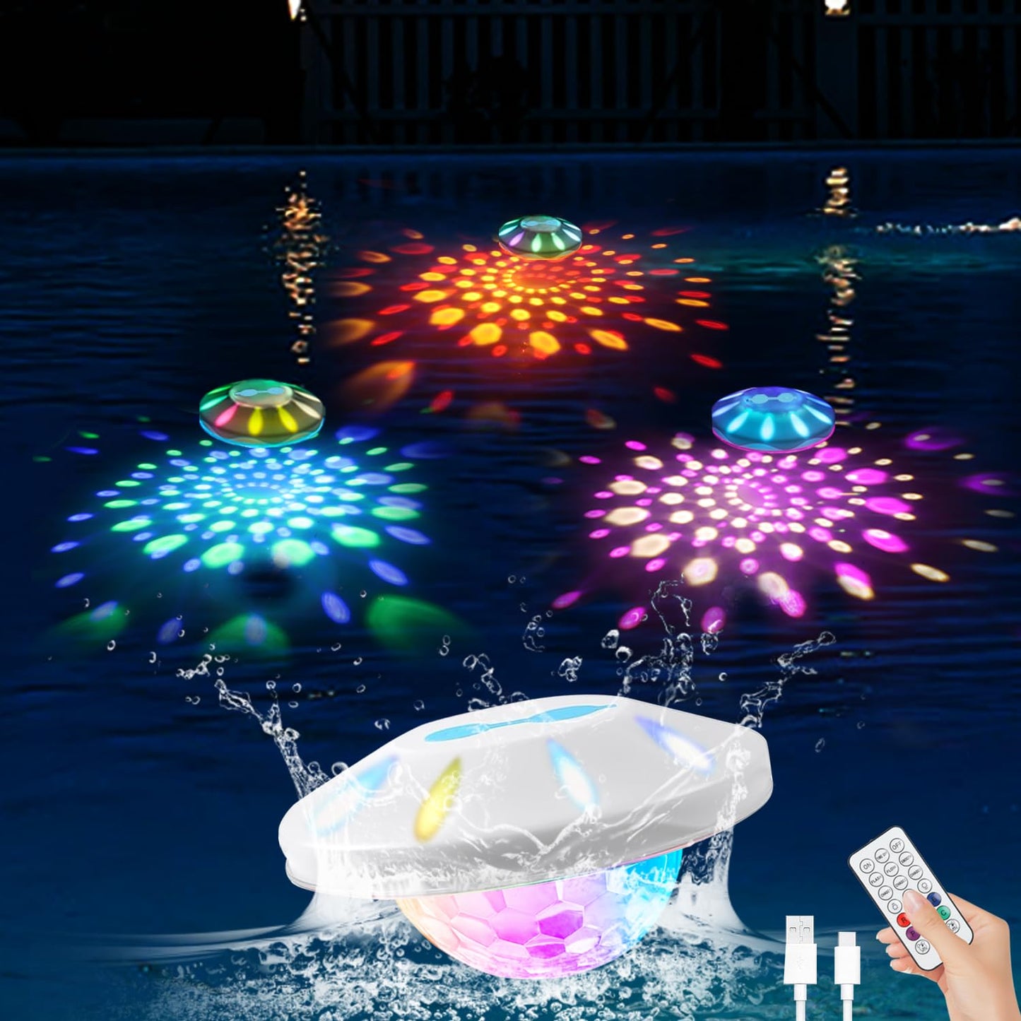 BOXPSII Rechargeable Floating Pool Lights, Pool Lights with 6 Dynamic Lighting, IP68 Waterproof Pool Light RGB Upper and Lower Color Changing LED Pool Light for Pools, Party, Fountains 1PACK