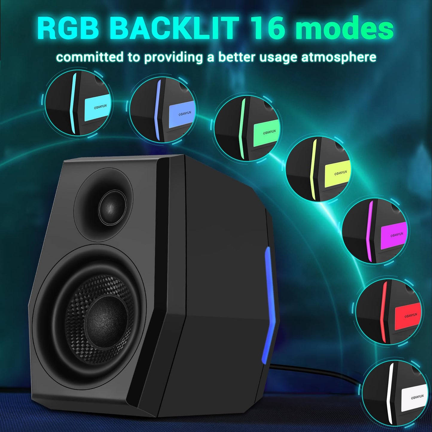 Sanyun SW209 36W Computer Gaming PC Speakers - 2.75" Fiberglass Woofer and Silk Dome Tweeter - Built-in 24bit DAC Dynamic 3D Surround Sound - Bluetooth 5.2 USB 3.5mm Aux Inputs - RGB Light - Black