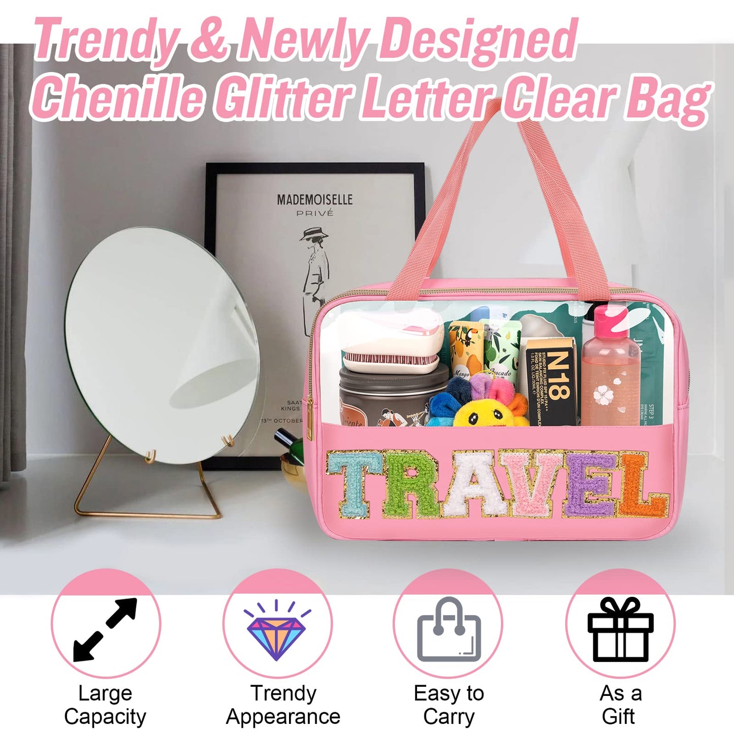 Preppy Clear Travel Makeup Bags with Chenille Letter Patches, Travel Essentials Large Clear Make up Bag Zipper Pouch with Handle, Waterproof Nylon Cosmetic Toiletry Storage Tote for Women(TRAVEL-Pink)