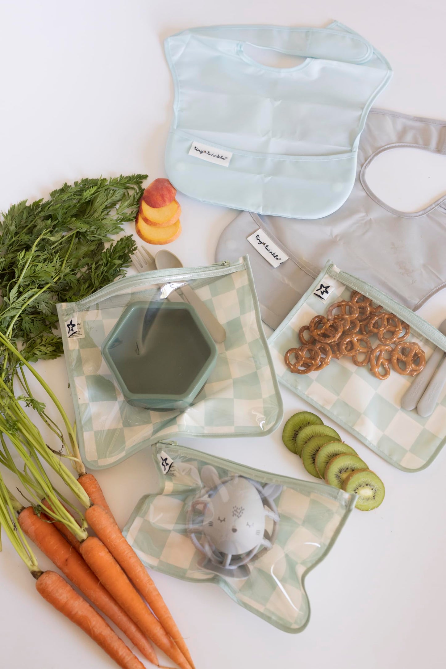 Tiny Twinkle Mess-proof Travel Bags, Airline Compliant, Zipper Closure, Clear Front Pouch, Diaper Bag Packing, Toiletry or Cosmetics Organizer 3 Pack Set (Sage Checkers)