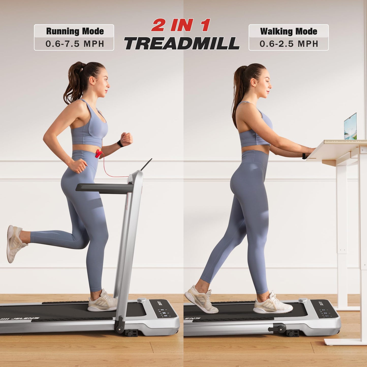 2 in 1 Treadmill Under Desk Walking Pad 2.5HP Home Folding Treadmills with Incline and Gesture Sensing Control, Walking Pad for Office with Led Display (Silver)