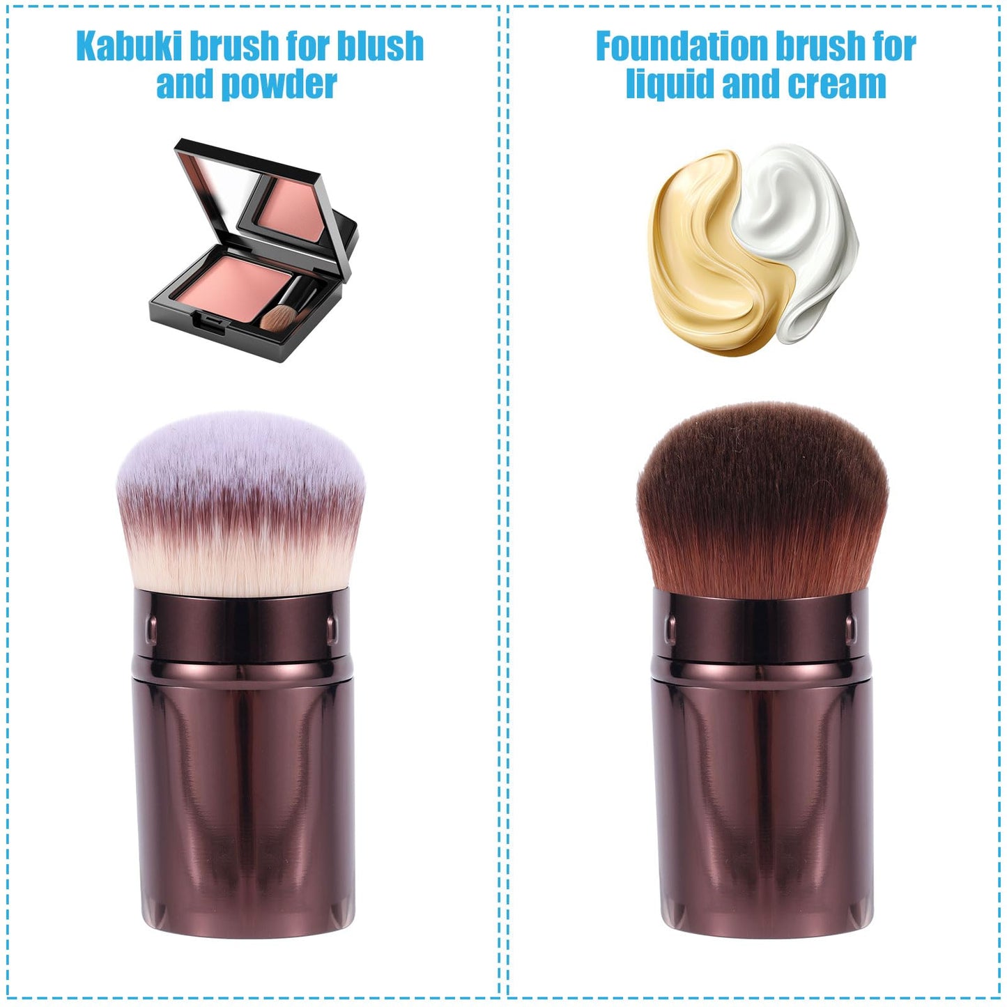 2pcs Travel Face Blush Brushes, Retractable Makeup Brush Portable Foundation Sunscreen Brush for Blending Cosmetics(Coffee + Three-Color Hair)